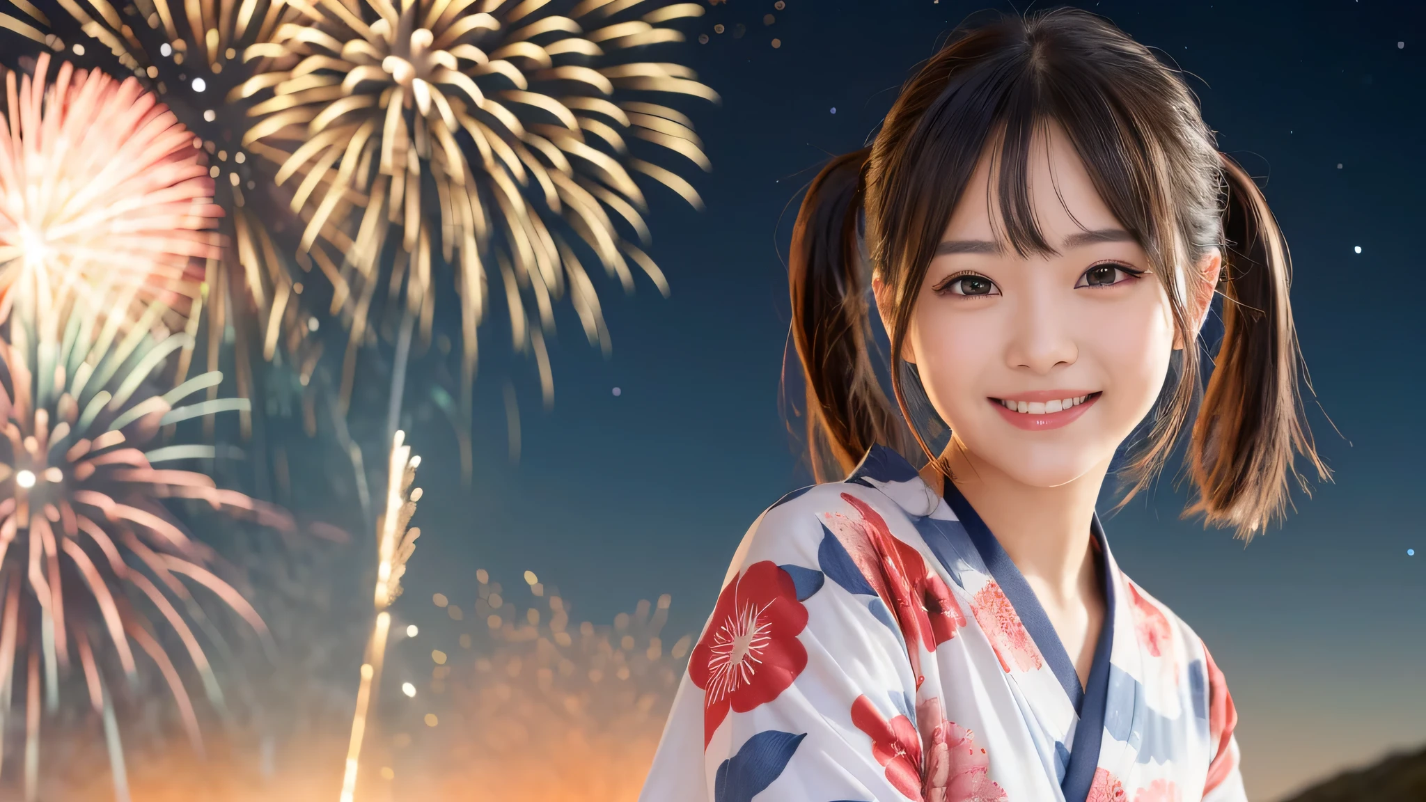 kawaii face, (1girl), (happy smile:1.2), (yukata), Pig tails hair, (Best Quality:1.4), Realistic, extremely detailed CG unified 8k wallpaper, highly detailed, High-definition raw color photos, professional photography, Realistic portrait, Beautiful detailed, Close up portrait of girl, Outdoors, Beautiful scenery, beach, (The night sky, fireworks, beautiful fireworks spreading across the sky:1.4), so beautiful, upper body photos, amazingly beautiful sight, A wonderful, (Fine face:1.2),