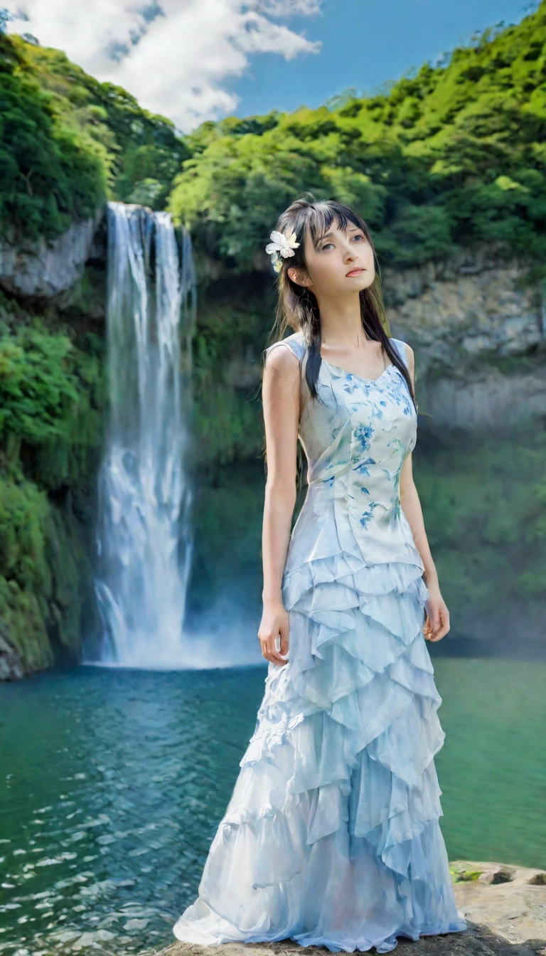 HDR (High Dynamic Range) image of a breathtaking tall waterfall cascading into a serene lake. A Japanese woman with black hair stands gracefully by the lake, personifying unique beauty and tranquility. The sky above is a light, bluish hue with just a few scattered clouds, adding a peaceful backdrop to the scene. The hyper-detailed waterfall is the focal point, capturing the viewer's attention with its powerful yet calming flow. Surrounding the lake, lush trees and vibrant flowers add to the natural splendor, enhancing the overall sense of calm and beauty of the setting.