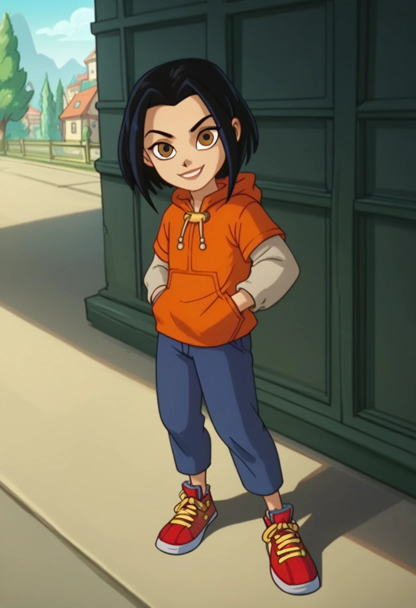 jadechan, 1girl, black hair, brown eyes, solo, short hair, long sleeves, orange hoodie, hood, smile, pants, looking at viewer, score_9, score_8_up, score_7_up,outdoors,  score_6_up, score_5_up, score_4_up, looking at viewer, sneakers, full body, hands in pockets,