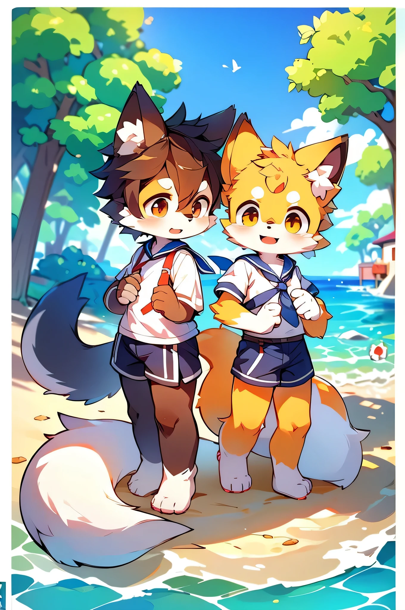 Cartoon fox character wearing sailor suit on the beach, Anime drawing by Shitao, Pixiv, fur art, Anthropomorphic fox, sfw version, furry animal with a tail, Furry Anime, At the Beach, Cute fox, fur art!!!, at Pixiv, At the Beach, very very beautiful fur art, Official Art, Cute Anime
