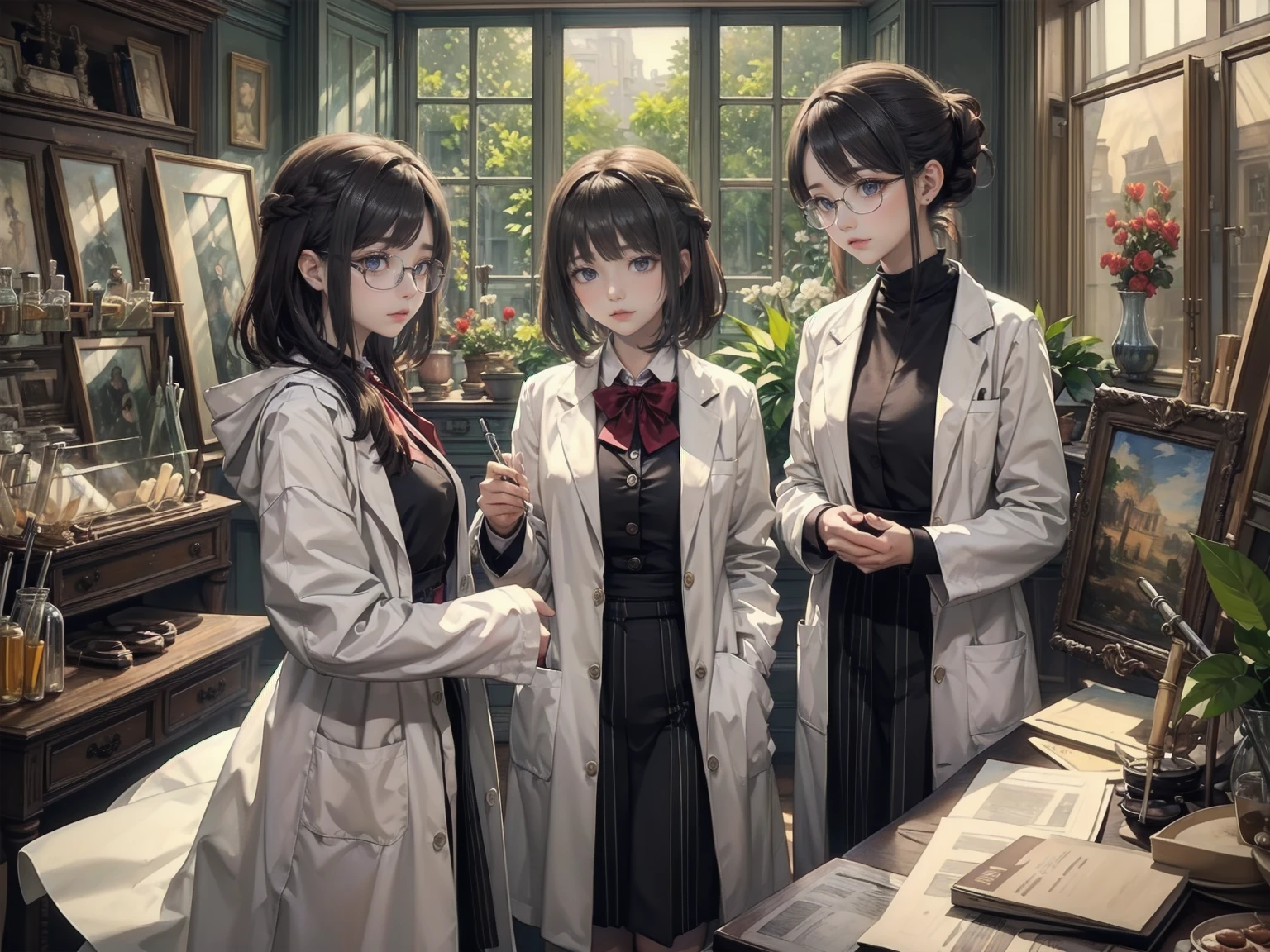 (Highest quality、masterpiece、High resolution)、(Sargent-style watercolor)、(Anime Art)、Soft Light、((Three Women))、((The three are talking while looking at documents..))、、18-year-old、Medium St Hair、semi-long、Put your hair up、Black Hair、Dark brown hair、Braided hair、Glasses、Detailed depiction of the face、Small breasts、uniform、Long skirt、((Wearing a white coat))、白いブラウスとLong skirt、Institute of Earth Sciences、鉱物標Book、昆虫標Book、化石標Book、標Book棚、Book、Book棚、Laboratory instrument、Test tube、beaker、flask、Alcohol lamp、Labware、Floral、vase、window、Foliage plant、 Blur the background、