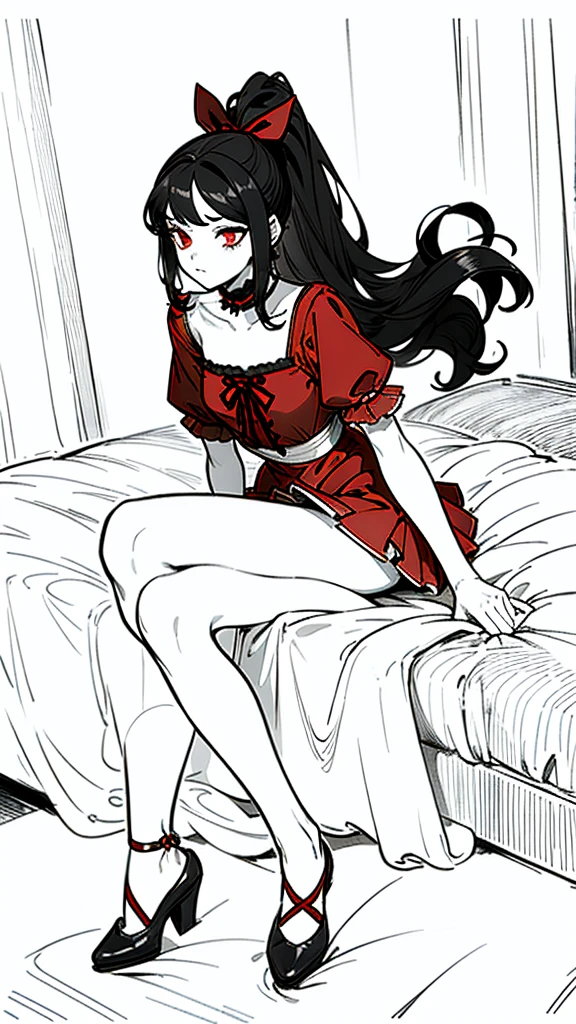 using pantimedies, wavy black hair, piercing look with deep red eyes, average stature, Silky hair with a ponytail hairstyle collected with a red bow with two white lines, with clothes, has a vagina, has breasts, cup of breasts, small breasts, slim, foreground, Session, sitting in her room, sitting on the floor of her room, wearing pantyhose, using pantimedies, Picardias, short skirt, shoes, blouse with straps 