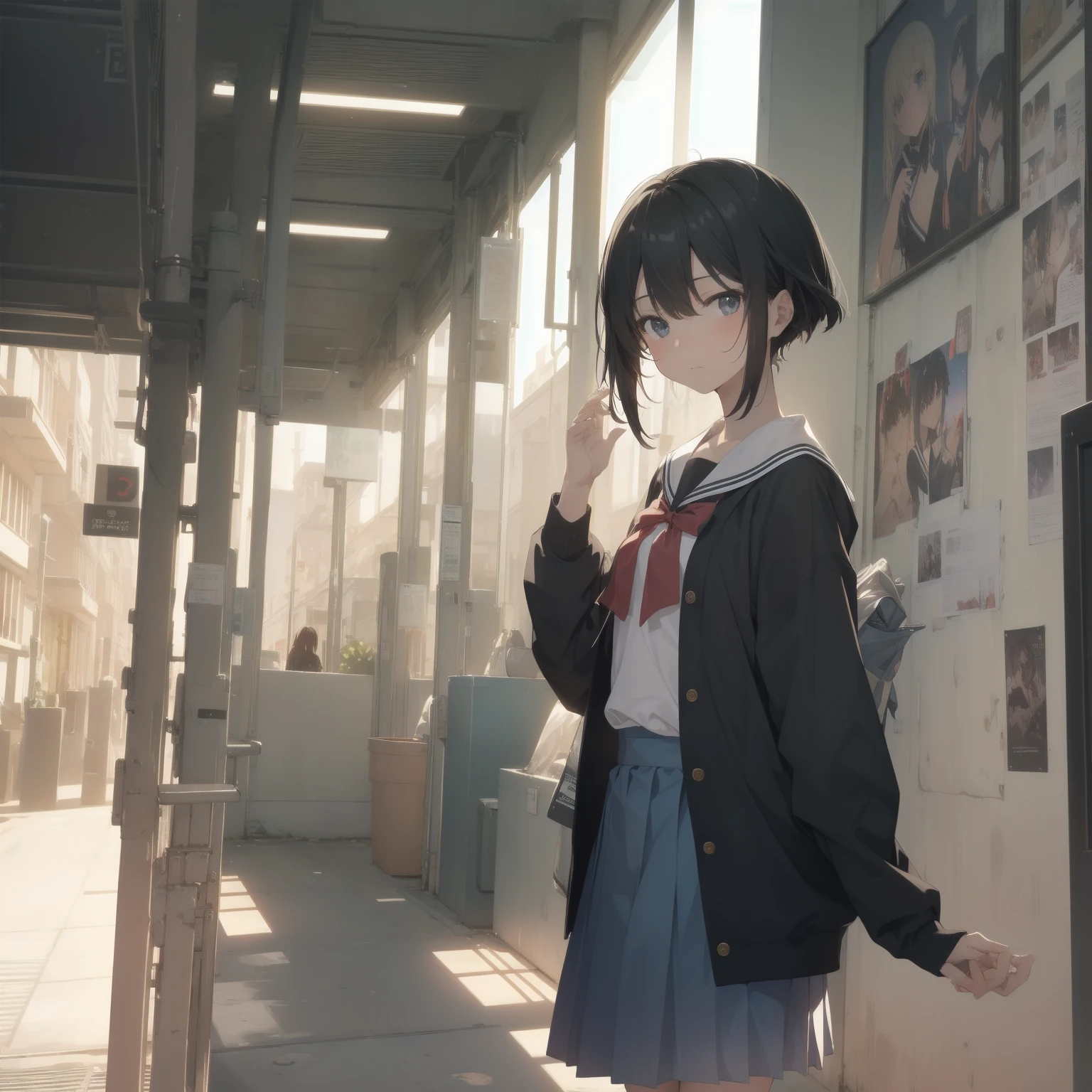 ultra-absurdres-Top quality by artist God, ultra-detailed, high resolution, anime moe artstyle, best anime 8k konachan wallpaper, pixiv contest winner, pool:2810, perfect anatomy,break, 1girl, (Please draw a girl walking sleepily to school alone. )break,(Solo,little female, 13-year-old:1.3),Full limbs, complete fingers,a junior high school student, (very short hair), short cut, flat chest, , small butt, small black eyes, beautiful detailed eyes, well-proportioned iris and pupils, expressive eyes, highres detailed hair, soft expression, salor school_uniform, sailor collar, serahuku, bow, pleated skirt,(Detailed Lighting), (Detailed background), in the School commute route. break,super detailed skin, Best cinematic lighting powered by famous artist, 8k,beauty illustration,photoshop_(medium),very aesthetic,break,((artist:kotorai )), artist:clamp ,artist:carnelian ,artist:kantoku ,