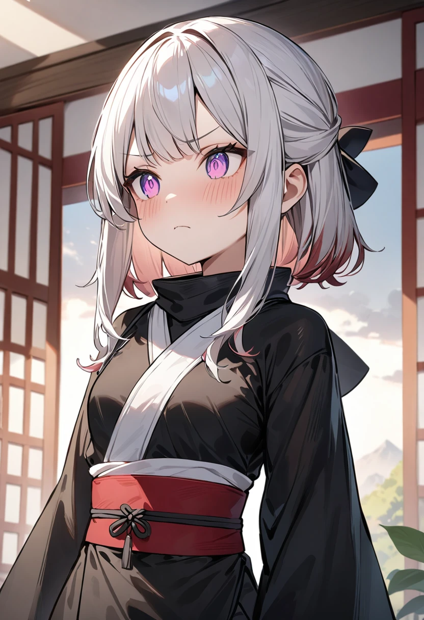 (masterpiece, top quality, very aesthetic, 4k、illustration), intricate detail, 1girl,Standing 、(upper body)、sulking face、(),Cute 、Random Hair Color、,middle hair,sidelock ,Random Color　eyes、ninja clothes、small breasts、Slim 、