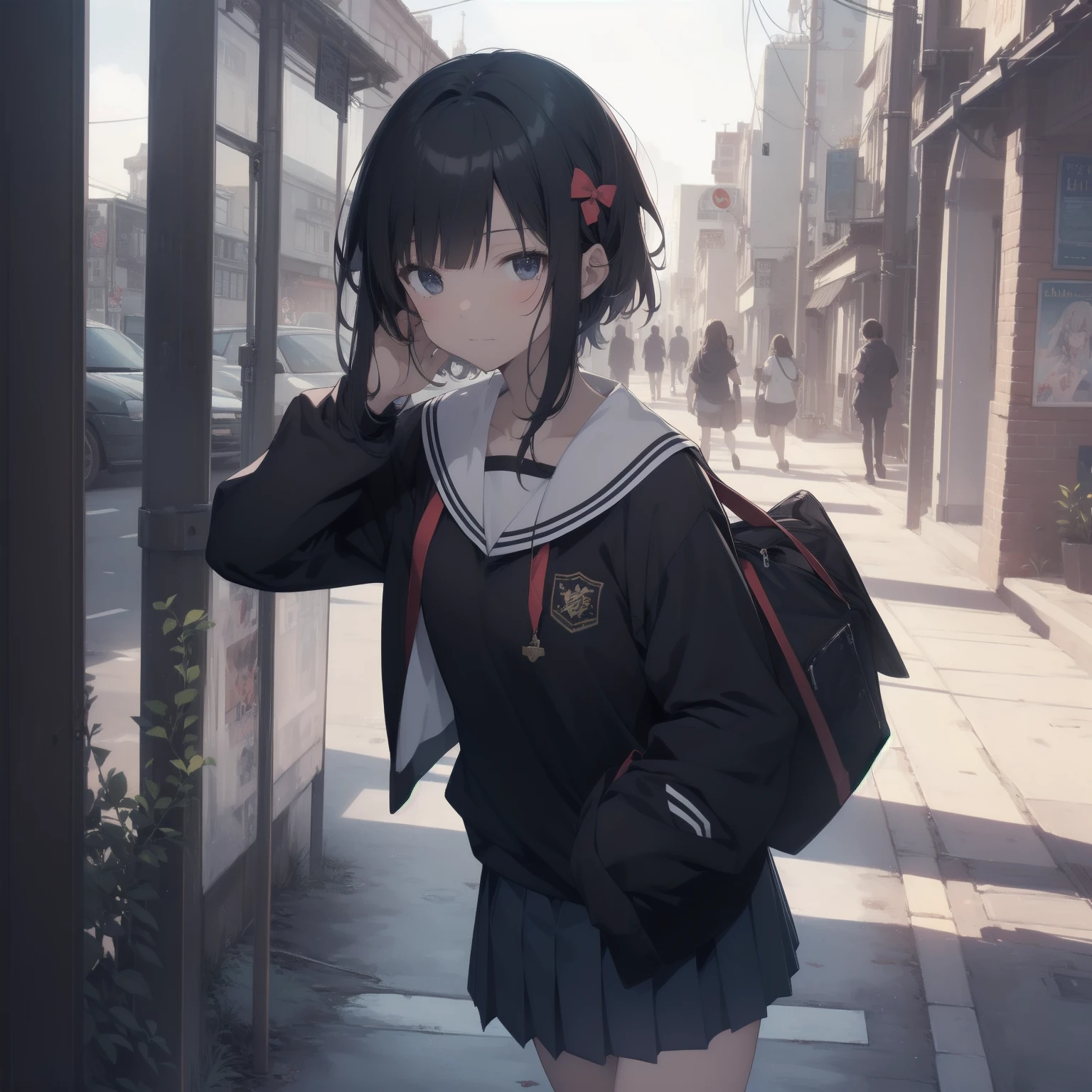 ultra-absurdres-Top quality by artist God, ultra-detailed, high resolution, anime moe artstyle, best anime 8k konachan wallpaper, pixiv contest winner, pool:2810, perfect anatomy,break, 1girl, (Please draw a girl walking sleepily to school alone. )break,(Solo,little female, 13-year-old:1.3),Full limbs, complete fingers,a junior high school student, (very short hair), short cut, flat chest, , small butt, small black eyes, beautiful detailed eyes, well-proportioned iris and pupils, expressive eyes, highres detailed hair, soft expression, salor school_uniform, sailor collar, serahuku, bow, pleated skirt,(Detailed Lighting), (Detailed background), in the School commute route. break,super detailed skin, Best cinematic lighting powered by famous artist, 8k,beauty illustration,photoshop_(medium),very aesthetic,break,((artist:kotorai )), artist:clamp ,artist:carnelian ,artist:kantoku ,
