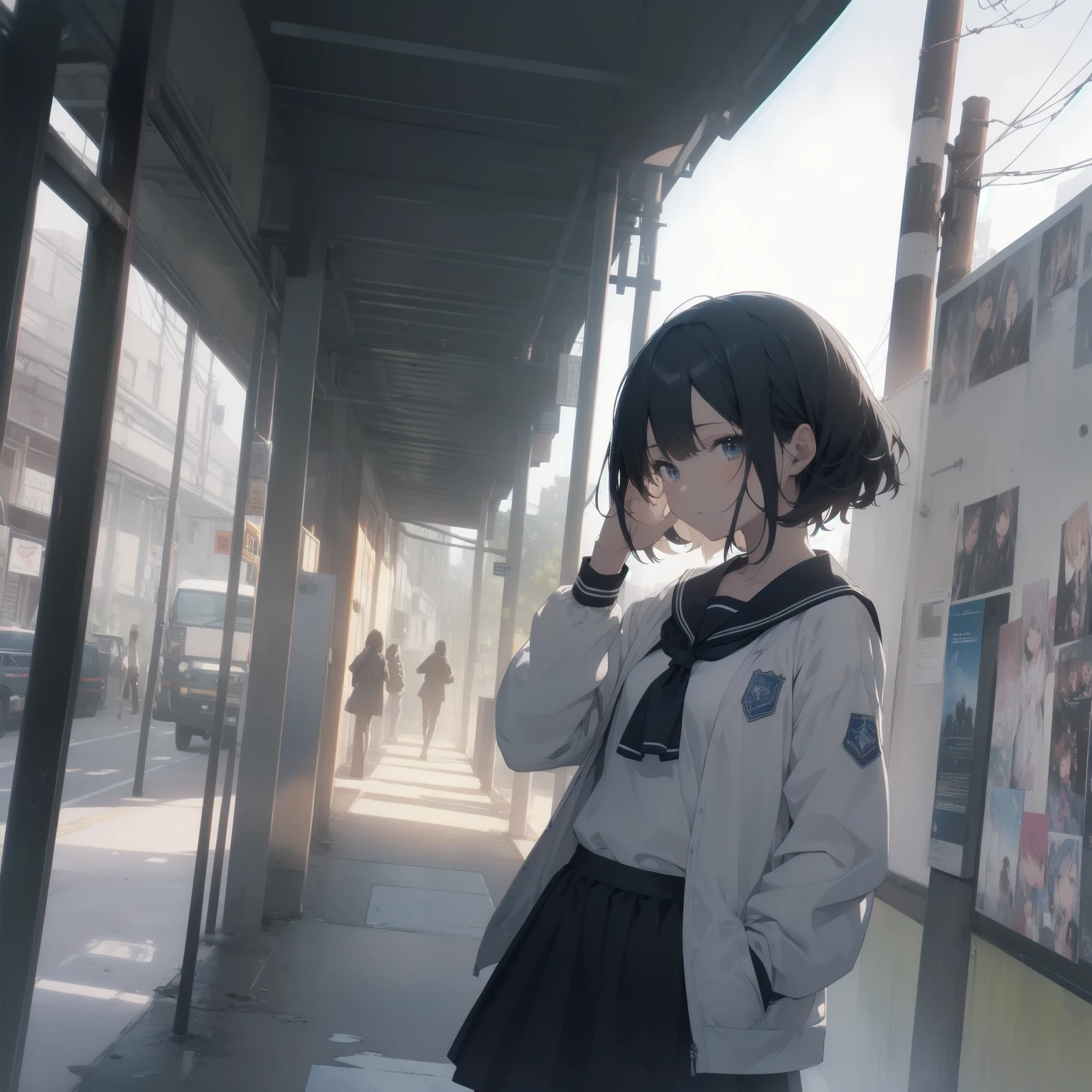 ultra-absurdres-Top quality by artist God, ultra-detailed, high resolution, anime moe artstyle, best anime 8k konachan wallpaper, pixiv contest winner, pool:2810, perfect anatomy,break, 1girl, (Please draw a girl walking sleepily to school alone. )break,(Solo,little female, 13-year-old:1.3),Full limbs, complete fingers,a junior high school student, (very short hair), short cut, flat chest, , small butt, small black eyes, beautiful detailed eyes, well-proportioned iris and pupils, expressive eyes, highres detailed hair, soft expression, salor school_uniform, sailor collar, serahuku, bow, pleated skirt,(Detailed Lighting), (Detailed background), in the School commute route. break,super detailed skin, Best cinematic lighting powered by famous artist, 8k,beauty illustration,photoshop_(medium),very aesthetic,break,((artist:kotorai )), artist:clamp ,artist:carnelian ,artist:kantoku ,