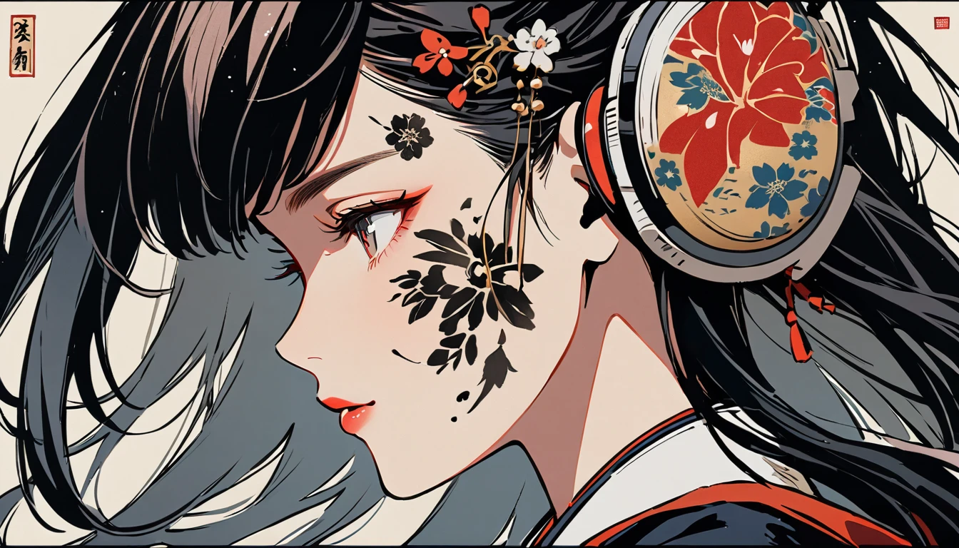 Ink Painting, (((1 girl))), (((Tattoo on face))), (((Gorgeous hair accessories))), (((Japanese style headphones))), face close-up, Japanese beautiful girl, Black Hair, Delicate and precise, Modern ukiyo-e style