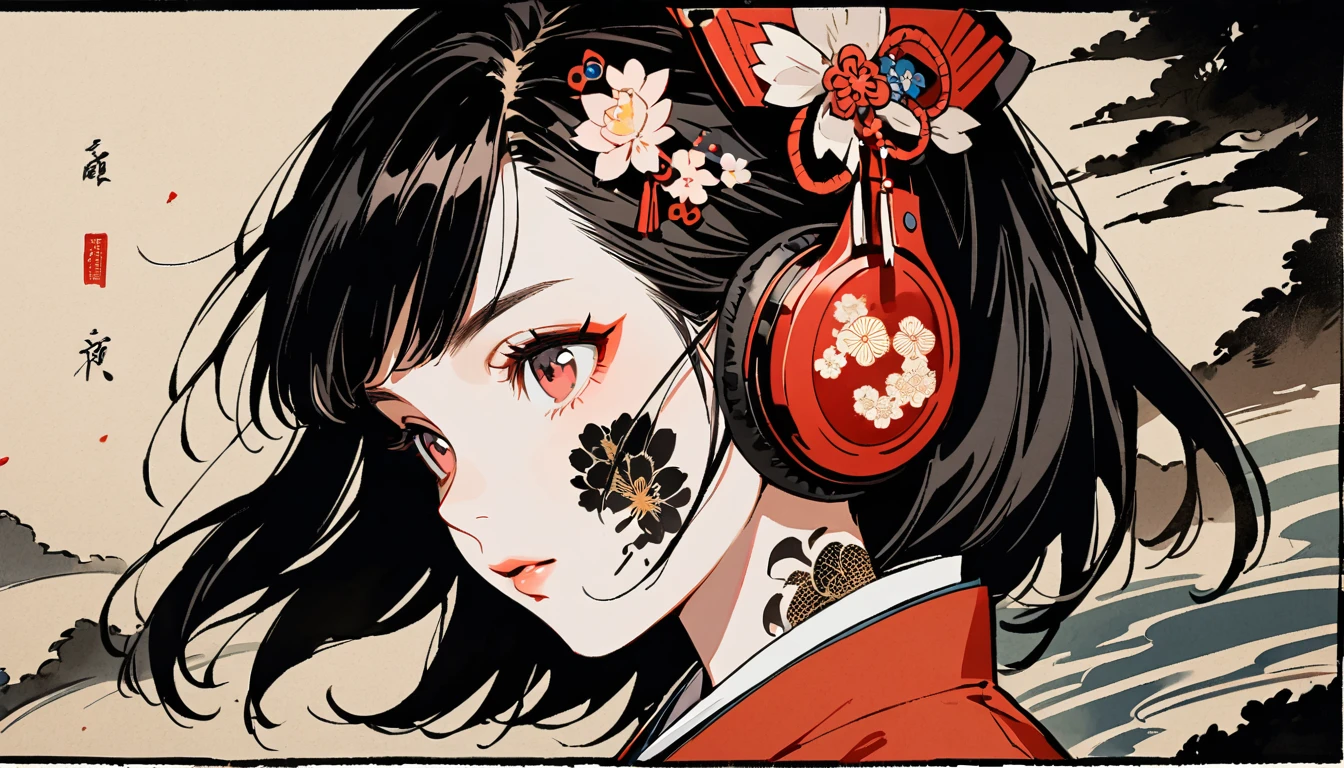 Ink Painting, (((1 girl))), (((Tattoo on face))), (((Gorgeous hair accessories))), (((Japanese style headphones))), face close-up, Japanese beautiful girl, Black Hair, Delicate and precise, Modern ukiyo-e style