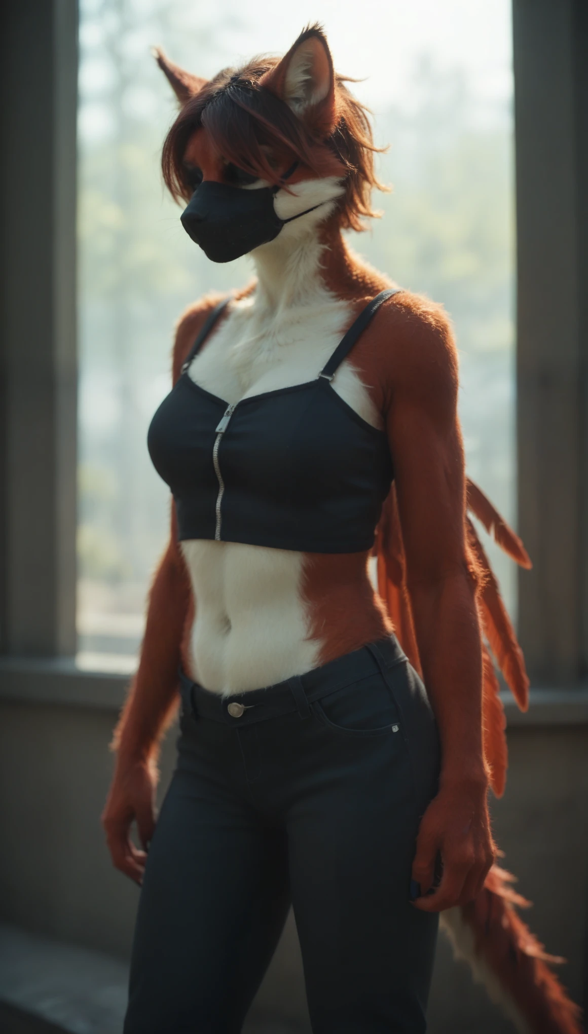 (zPDXL2), score_9, score_8_up, score_7_up, source_anime, 2d, furry, anthro, 

((adult)), (griphon:1.2), (female, feathers, red feathers), with Center parted shoulder length hairstyle, (wearing half mask, covers the eyes), Top with a zipper, shows stomach, trousers, thigh visible, show legs, scene background

,AissistXLv2, unaestheticXL_bp5, SimplePositiveXLv2, zPDXL2 PonyXLV6_Scores