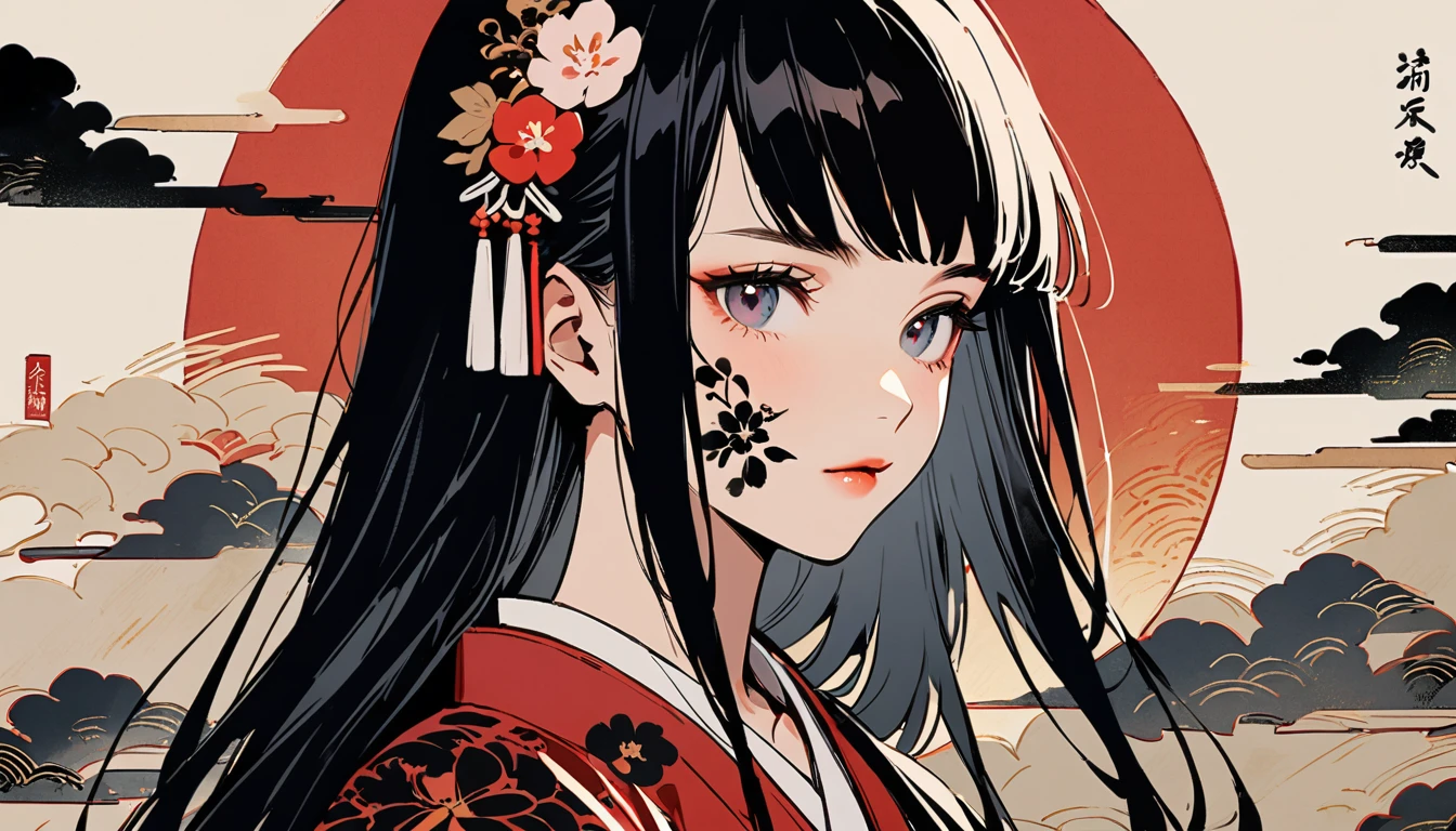 Ink Painting, (((1 girl))), (((Tattoo on face))), (((Gorgeous hair accessories))), Japanese style headphones, face close-up, Japanese beautiful girl, Black Hair, Delicate and precise, Modern ukiyo-e style