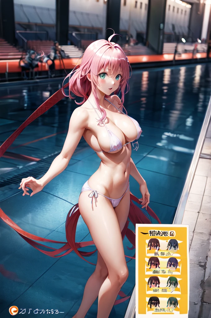 (masterpiece),(Highest quality)、(Very detailed)、(Very detailedなCG)、(Very delicate),(Perfect lighting),(8k)、(Dynamic Angle)、(Clear images)、Vibrant colors,woman、masterpiece、Highest quality、Written boundary depth、Cinema Lighting、masterpiece、Highest quality、Very detailed、colorful、Vibrant、Large Breasts、Thighature woman、alone、(masterpiece、Highest quality、High resolution、Anime Screen Capture、Anime Color)、(Perfect Anatomy、Beautiful attention to detail、Beautiful detail body、Beautiful breasts、Shiny)、 mature anime woman standing outside in a swimsuit、((Micro Bikini ))、performer、View your viewers、Side bangs、Pink Hair、The eyes are round、Long Hair、Side bangs、Large Breasts、Large Breasts、Browsing Caution、Nipples、Pool