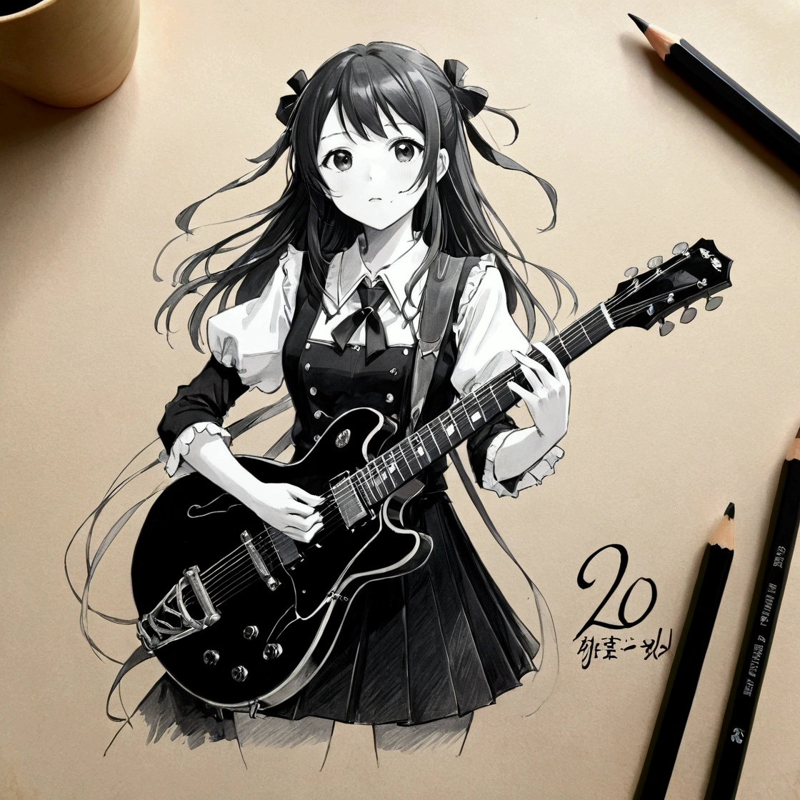 Drawing of a girl with a guitar and a pencil, Traditional drawing style, Detailed fan art, Beautiful drawing style, Monochrome artwork!!, Hand-drawn 2D art, Anime style painting, Realistic anime art style, Pencil and ink manga drawings, Complex Anime Girl K-ON Kyoani, Cute and detailed artwork, Anime-style illustrations, Anime Drawings, Drawn by a Japanese anime artist