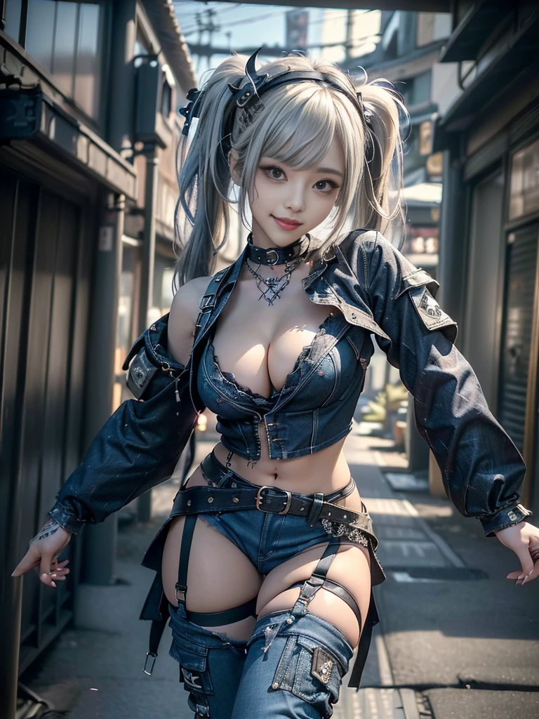 (Beautiful lips and nose:1.4)、(Long eyelashes:1.4)、(Smiling with teeth showing:1.3),(Shibuya Gal:1.5)、(Gothic ta delicately decorated dress:1.5)、(Tattered denim and black punk rock cargo pants:1.5)、(Denim and black navy skull mark small jacket:1.4)、(denim garter belt:1.5)、(Black and denim knee socks:1.3)、(Skull Silver Accessories:1.5)、(Denim collar:1.3)、(Brown Skin Belt:1.4)、(Brown boots:1.2)、(The underwear is striped:1.4)、31 years old、((Highest quality、In 8K、masterpiece:1.3))、Sharp focus:1.2、(Layered Cut、Huge boobs:1.1),Beautiful woman with perfect figure:1.4、(Dancing vigorously:1.3)、Slender Abs:1.2、Highly detailed face and skin texture、Detailed eyes、double eyelid,(Twin tails:1.3)、(Cream colored hair:1.3)、Gravure idol、(The background is a vast mountain with a clear view々Beautiful luxury resort destination in Europe:1.3)、(Slim Body:1.2),(Make your legs thinner:1.4),(clavicle:1.1)