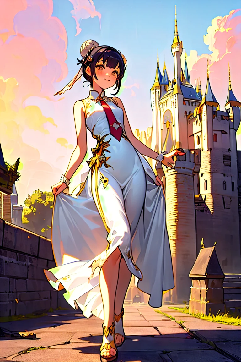 (masterpiece, best quality:1.2), dress,1girl, hair bun, hair ornament, smiling, white clothes, sleeveless, cheongsam, princess dress, collared shirt, necktie, long dress, frill panniers, metamorphosis is exposed, leggings, boots, sandals, bare legged, background with((fantasy world, ruin, castle, beautiful sky, shining sky, sunshine:1.35))