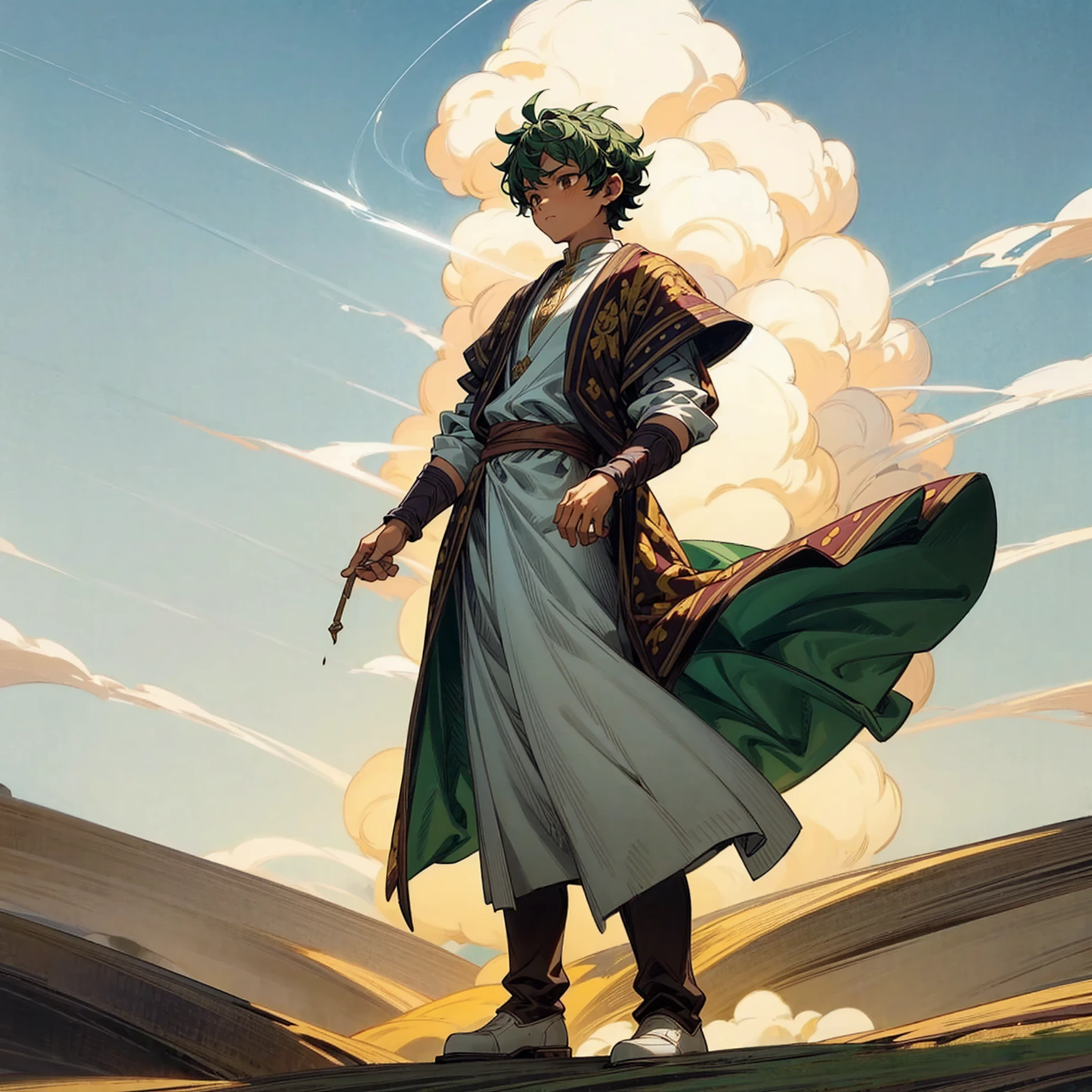 1**********, Full body version, 1character, brown eyes color, dark skin, Curly cut hairstyle, small eyes type, green colour hair, doctor ancient roman clothing style, white color clothing, white Stola, Ancient roman boots, armor vest, Grassroots background in desert, motion blur, lighting, high angle view, smoke in hand, smoke effect on hand 