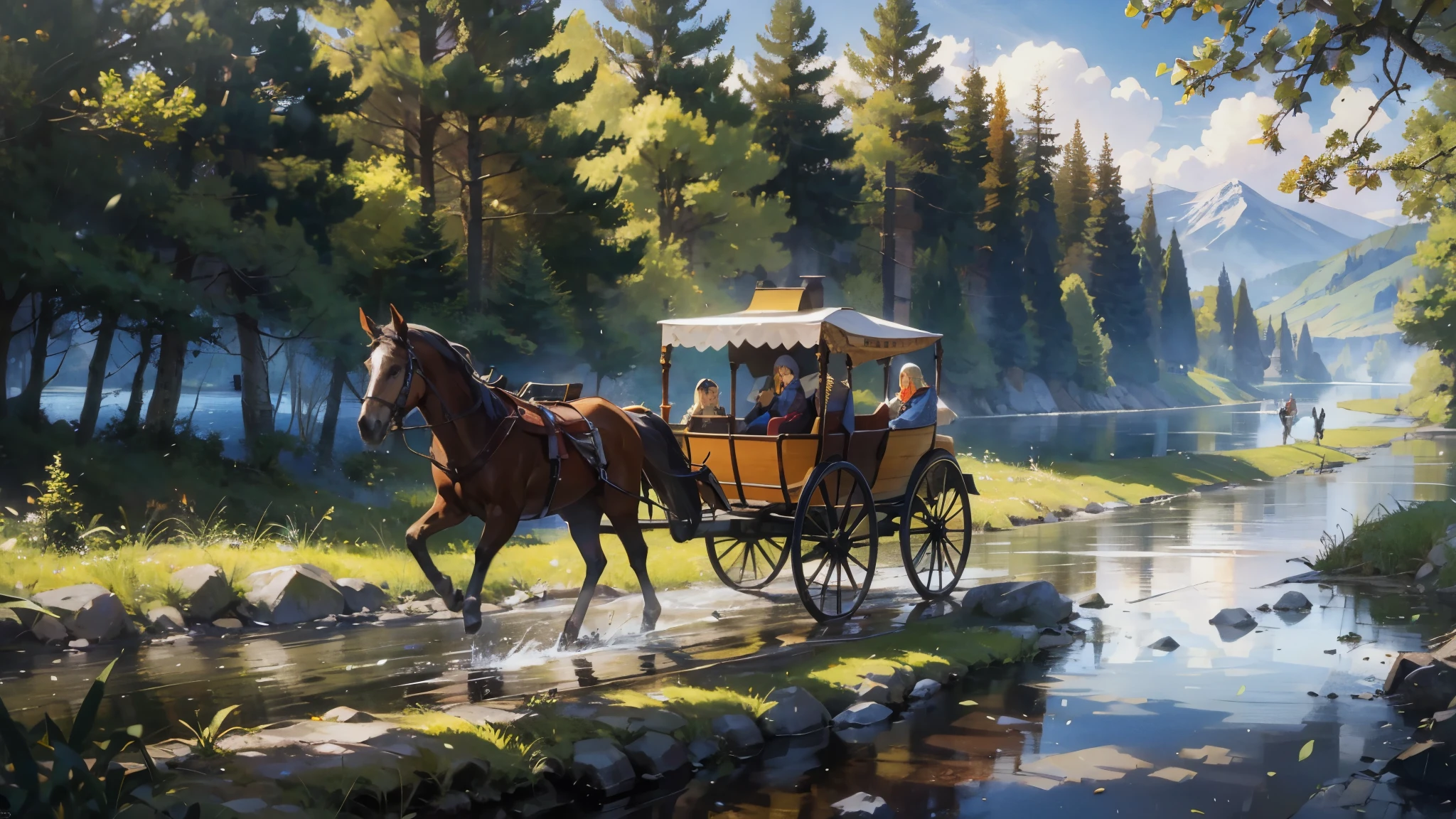 A horse-drawn carriage is running along a forest road along a river leading to a lake, passing travelers, a medieval fantasy world,