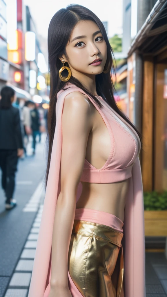 Moisturized Skin、(Pink and bright eyes),(Condescending to people)、Perfect body、
BREAK,
(Beautiful navel),(Side slits),(Epaulettes), Cape, Crop top,Cape,
BREAK,
(Super long hair),(Large gold curved earrings:1.2),
BREAK,
(((masterpiece+Highest quality+High resolution+Very detailed))),  (whole body:1.2),Symmetrical,One Cut,
BREAK,
(In the streets of Japan:1.3),
BREAK、
（ONE PIECE）、(Kasumi Arimura:1.4),(Boa Hancock:1.3),((Big snake)),
