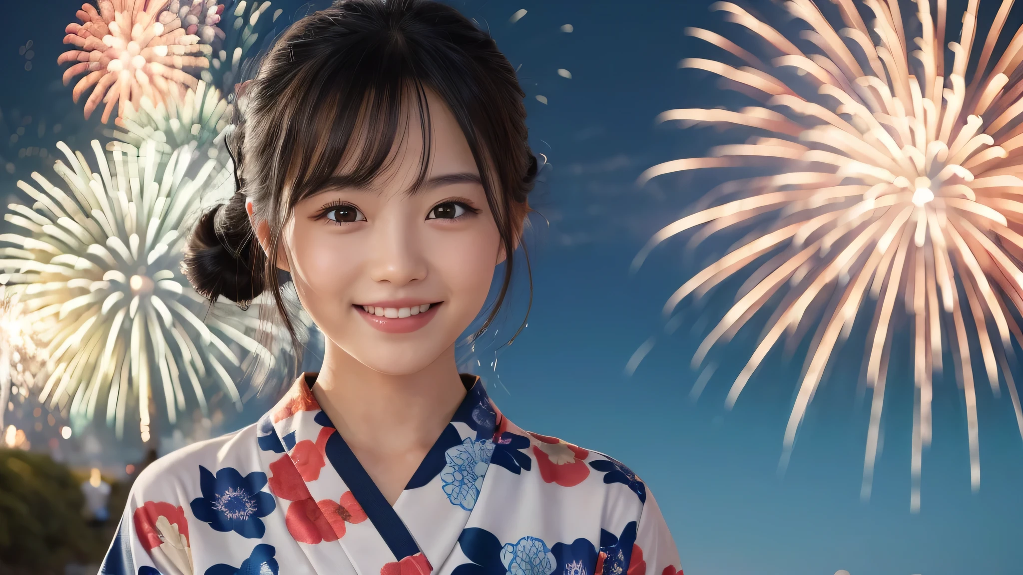 kawaii, (1girl), (happy smile:1.2), (yukata), Chignon hair, (Best Quality:1.4), Realistic, extremely detailed CG unified 8k wallpaper, highly detailed, High-definition raw color photos, professional photography, Realistic portrait, Beautiful detailed, Close up portrait of girl, Outdoors, Beautiful scenery, beach, (The night sky, fireworks, beautiful fireworks spreading across the sky:1.4), so beautiful, upper body photos, amazingly beautiful sight, A wonderful, (Fine face:1.2),