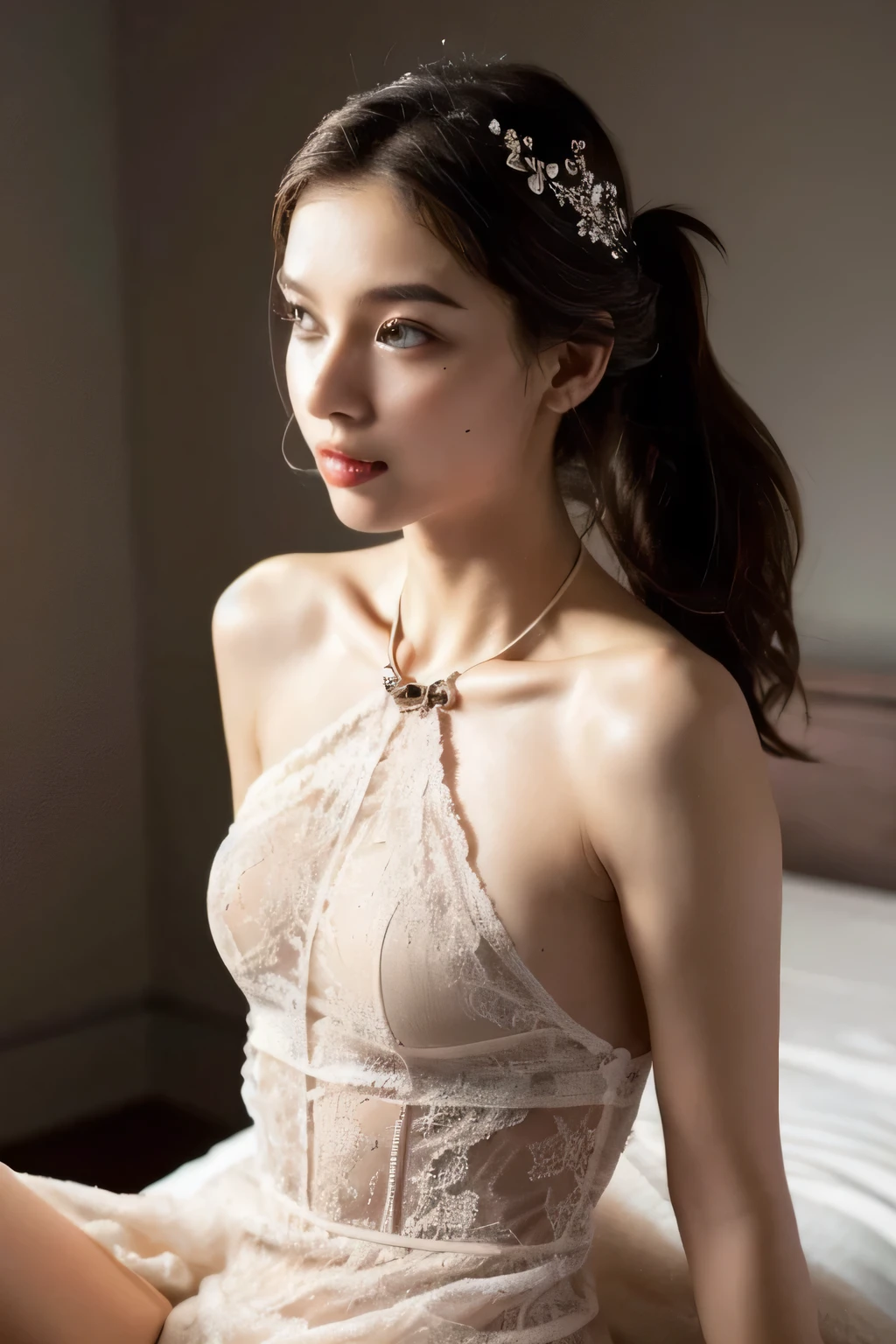 ((Highest quality, 8k, masterpiece: 1.3)), sharp: 1.2, Perfect Body Beauty: 1.4, ((Layered Hairstyles, Small breasts: 1.0)), ((Wedding hall)), ((Small face)), ((Sideboob)), ((Side angle)), (((ponytail))), ((Five Necklaces)), (Earrings), ring, tiara, (Hair Accessories), ((Lace dress)), ((Beautiful young ager woman)), ((Straight nose)), (Eyeliner), Armpit Hair, Bristles, ((Beautiful Skin)), Feminine curvaceous figure, (((Spread your legs and increase the depiction of your crotch))), Wavy Hair, Beautiful attention to detail, Super detailed, Highly detailed face and skin texture, fine grain, double eyelid, Black Hair, Big Ass, Lower Body, Thighs, (((Skinny))), Wet and shiny lips, smile, Blushing, Get a grip on your body, ((Anatomically correct human body)), ((Crisp body shape)), Protruding skeleton, Raised hair, A face without nasolabial folds, Leaning back