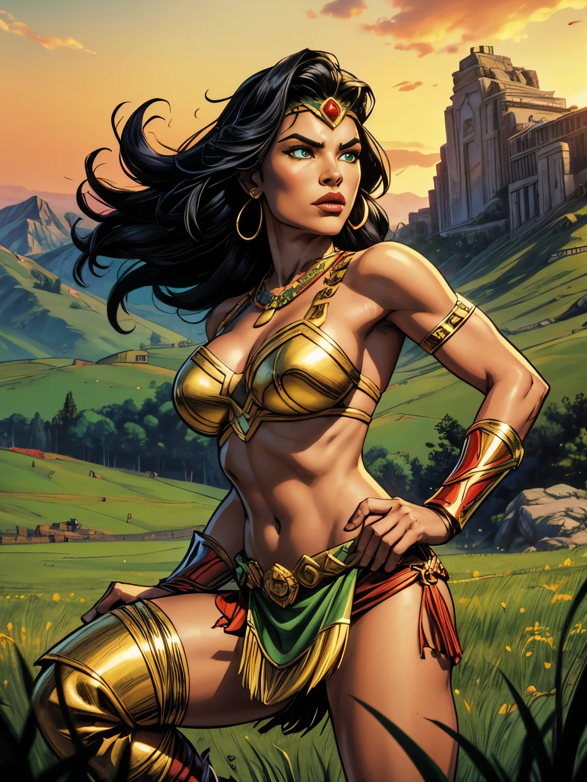 masters of the universe. colorful, vibrant. dramatic comic book style. A female native warrior with a gold outfit and green grass skirt, stands on a battle field. She has black hair.