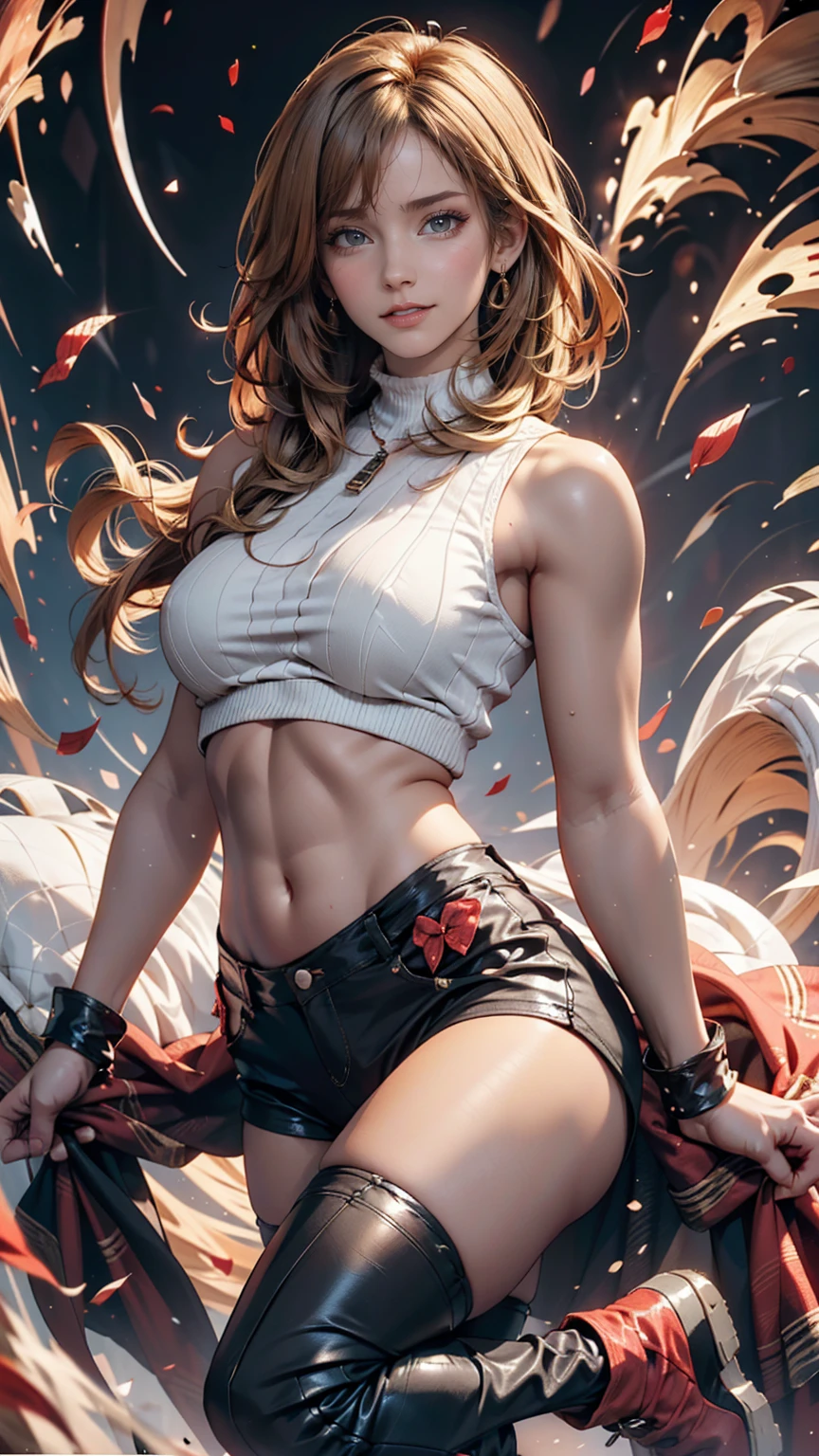 masterpiece, Highest quality, sour, Grey sweater, Black leotard, Spin around, spin, Blonde, Superhero, boots, tornado, Circlingwind, alone, barefoot, Circling, Wind effects, spinning into a tornado, fast spin, stand, time travel, Travel through time, High leg, Perfect hands, Perfect Fingers, High leg leotard, Power ups, tornado swirls、24-year-old woman、Sexy proportionature female body、Sexy proportionakeup、Lips with red lipstick、Textured skin((textured skin))、smile、Narrow waist