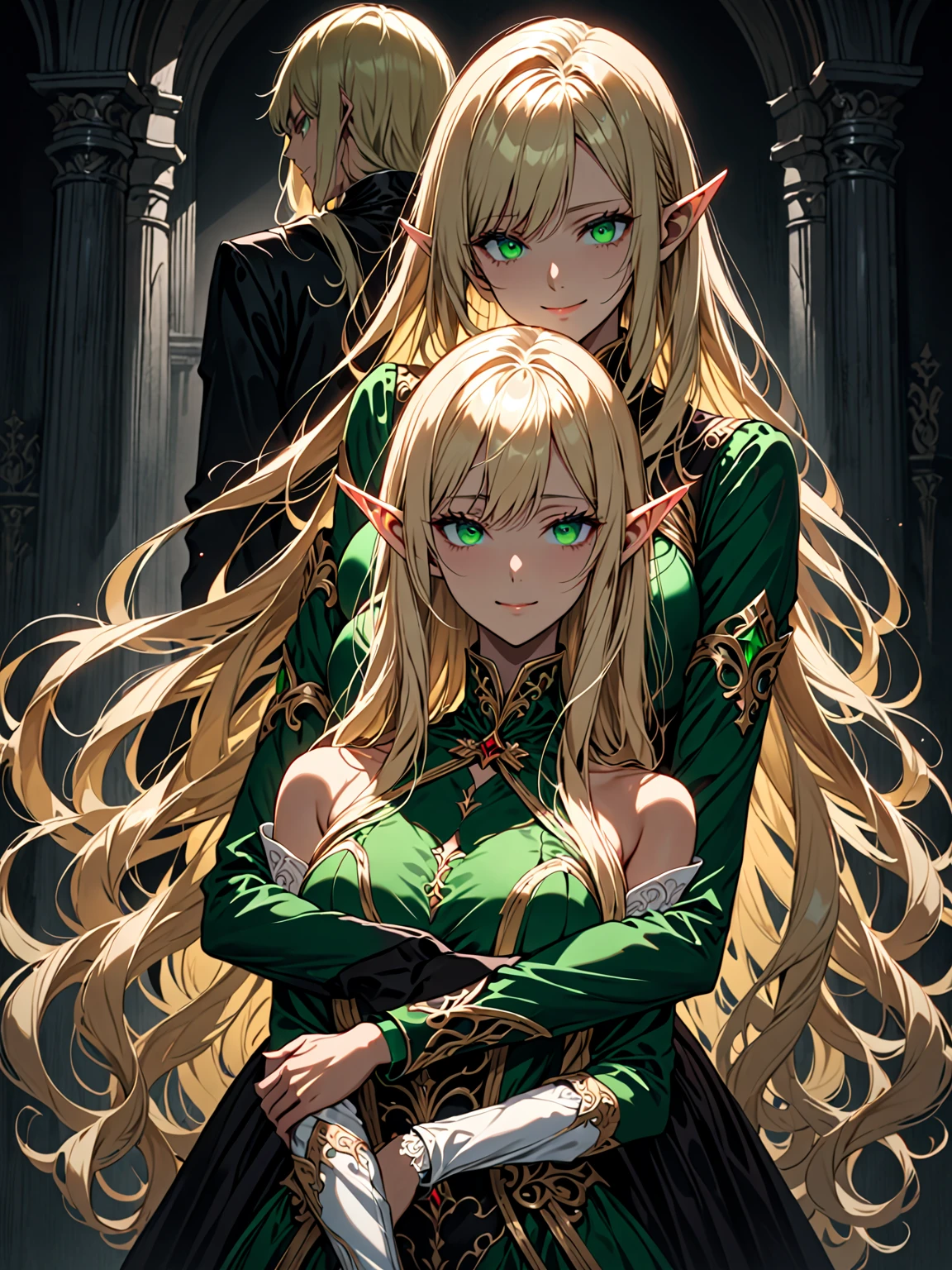 Elf, blonde, pointed ears, green eyes, light skin, fit, sinister atmosphere, hugging, looking at viewer, large breasts, long hair, harsh shadows, yandere smile, 1 feminine elf male,1 female elf, luxurious clothes