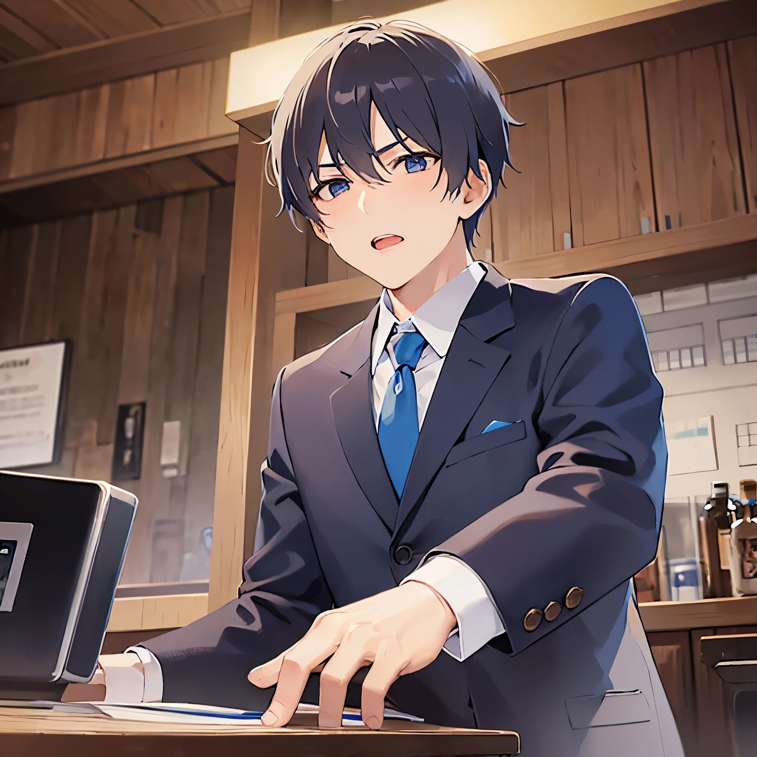 masterpiece、Highest quality、upperbody,Shooting from below、
(25-year-old male:1.5) and(Black short hair) and (blue eyes),
(suit:1.5) and (Blue tie)(suit:1.5) and (Blue tie)、blush,worried,open mouth,The background is the interior of an izakaya at night.、