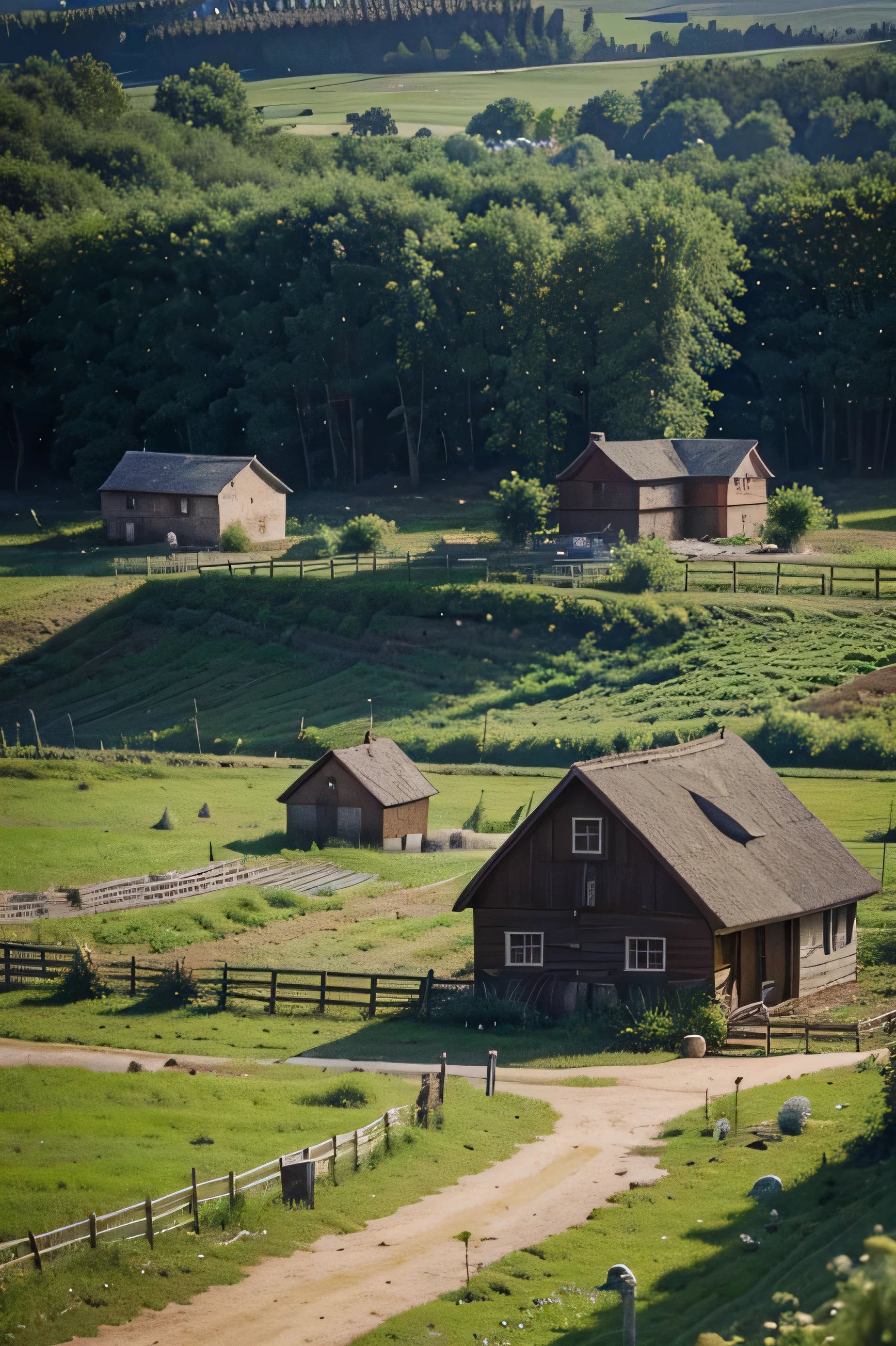 there is a picture of a picture of a farm with a horse, a tilt shift photo by Aleksander Gierymski, shutterstock, naive art, hideen village in the forest, russian villages at background, natural landscape beauty, beautiful scenic view, cottage town, very beautiful photo, countryside city scene, distant village background, realistic photo of a town