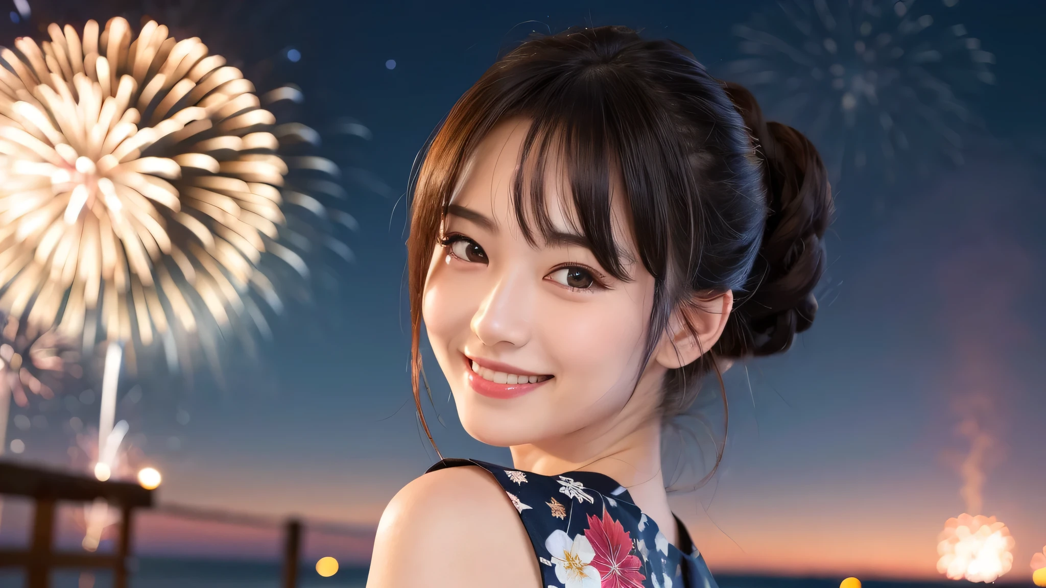 kawaii, (1girl), (happy smile:1.2), (yukata), Chignon hair, (Best Quality:1.4), Realistic, extremely detailed CG unified 8k wallpaper, highly detailed, High-definition raw color photos, professional photography, Realistic portrait, Beautiful detailed, Close up portrait of girl, Outdoors, Beautiful scenery, beach, (The night sky, fireworks, beautiful fireworks spreading across the sky:1.4), so beautiful, upper body photos, amazingly beautiful sight, A wonderful, (Fine face:1.2),