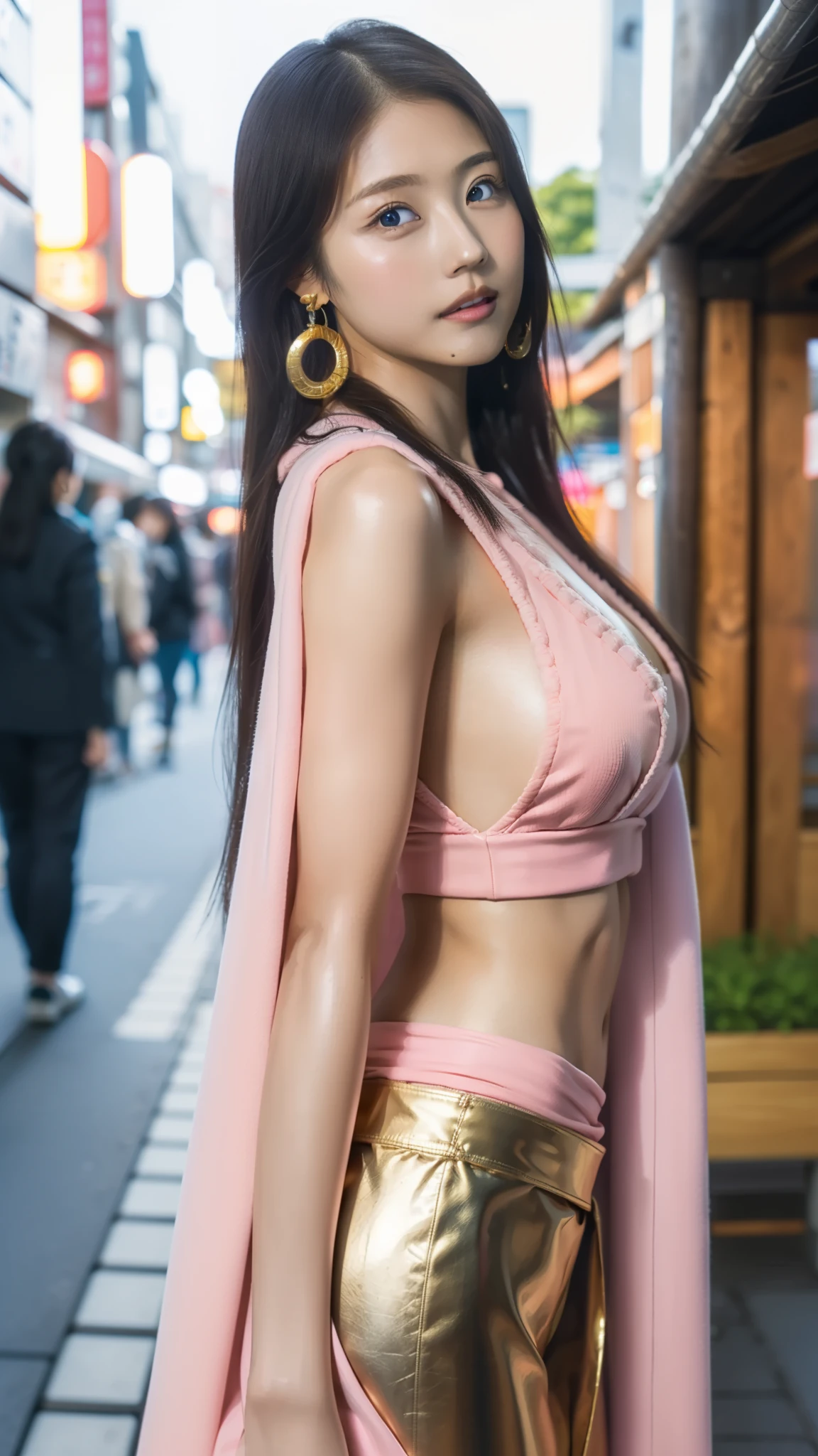 Moisturized Skin、(Pink and bright eyes),(Condescending to people)、Perfect body、
BREAK,
(Beautiful navel),(Side slits),(Epaulettes), Cape, Crop top,Cape,
BREAK,
(Super long hair),(Large gold curved earrings:1.2),
BREAK,
(((masterpiece+Highest quality+High resolution+Very detailed))), (whole body:1.2),Symmetrical,One Cut,
BREAK,
(In the streets of Japan:1.3),
BREAK、
(ONE PIECE)、(Kasumi Arimura:1.4),(Boa Hancock:1.3),((Big snake)),