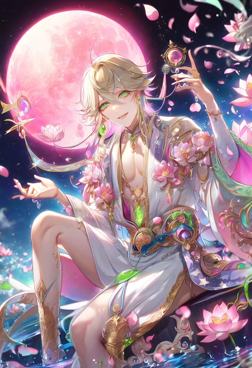 absurdres, highres, ultra detailed, HDR, master piece, best quality, extremely detailed face, delicated features, Taishakuten, ash-blonde hair, expressive green eyes, Onmyoji, solo, sexy man sitting, handsome, smile, white robes, pink lotus, pink petals, water, magical, fantasy, pink moon, starry sky, envy magical