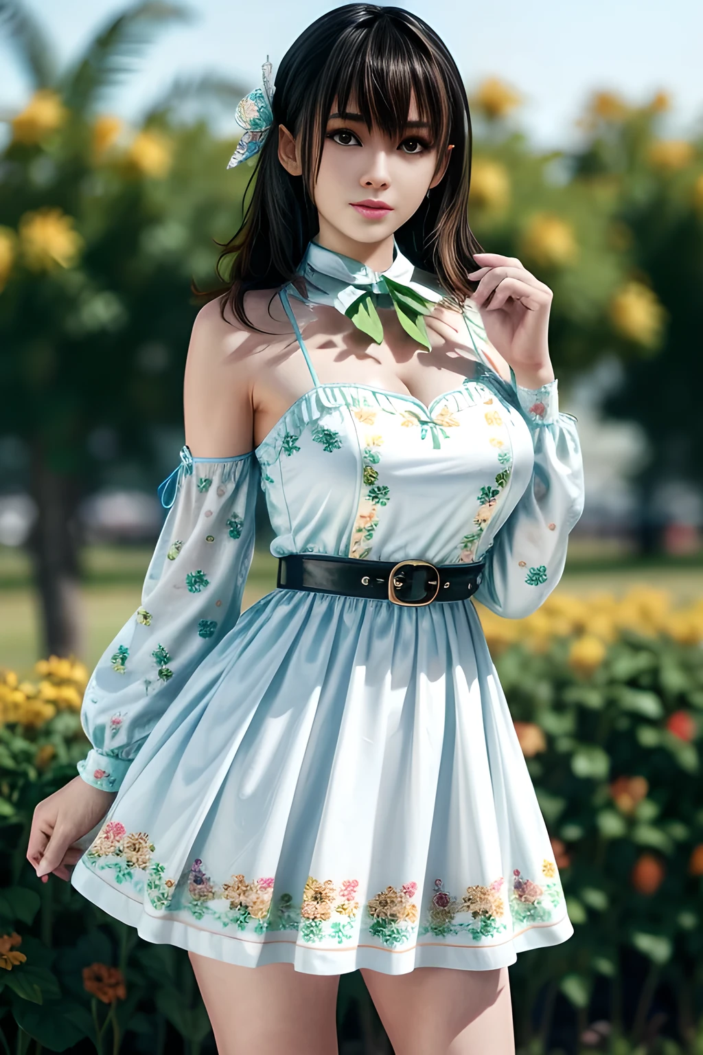 1girl, wearing a light blue floral print dress. The emphasis is on the design of the dress. The top section of the dress is in a wraparound style with a V-neckline and has long, sheer sleeves. There is a fabric belt or sash that is tied into a bow on the left side of the dress, accentuating the waistline. The bottom of the dress has a slight flare, creating a loose and flowing fit. The floral print consists of various flowers and leaves in shades of pink, white, and green, giving the garment a soft and feminine look. The background of the image is pure white, drawing attention to the details of the blouse,huge breasts,Nanami