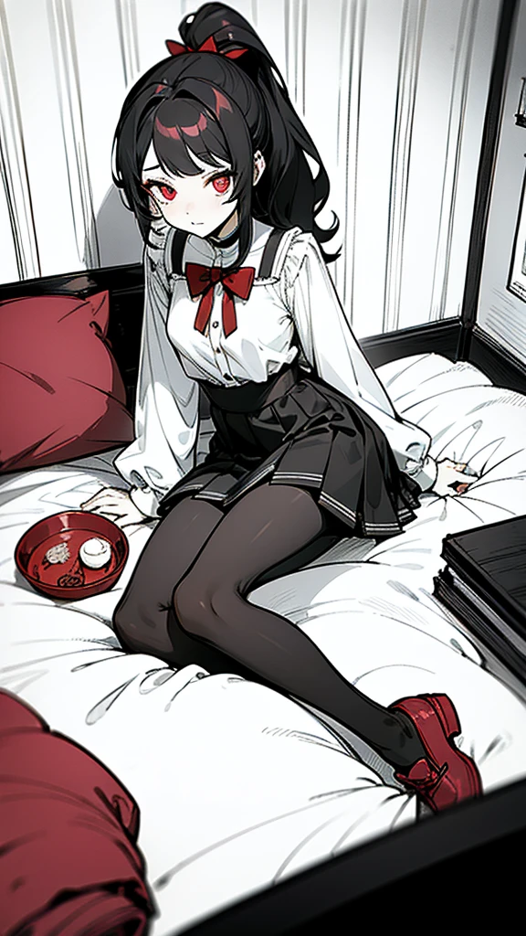 using pantimedies, wavy black hair, piercing look with deep red eyes, average stature, Silky hair with a ponytail hairstyle collected with a red bow with two white lines, with clothes, has a vagina, has breasts, cup of breasts, small breasts, slim, foreground, Session, sitting in her room, sitting on the floor of her room, wearing pantyhose, using pantimedies, Picardias, short skirt, shoes, blouse with straps