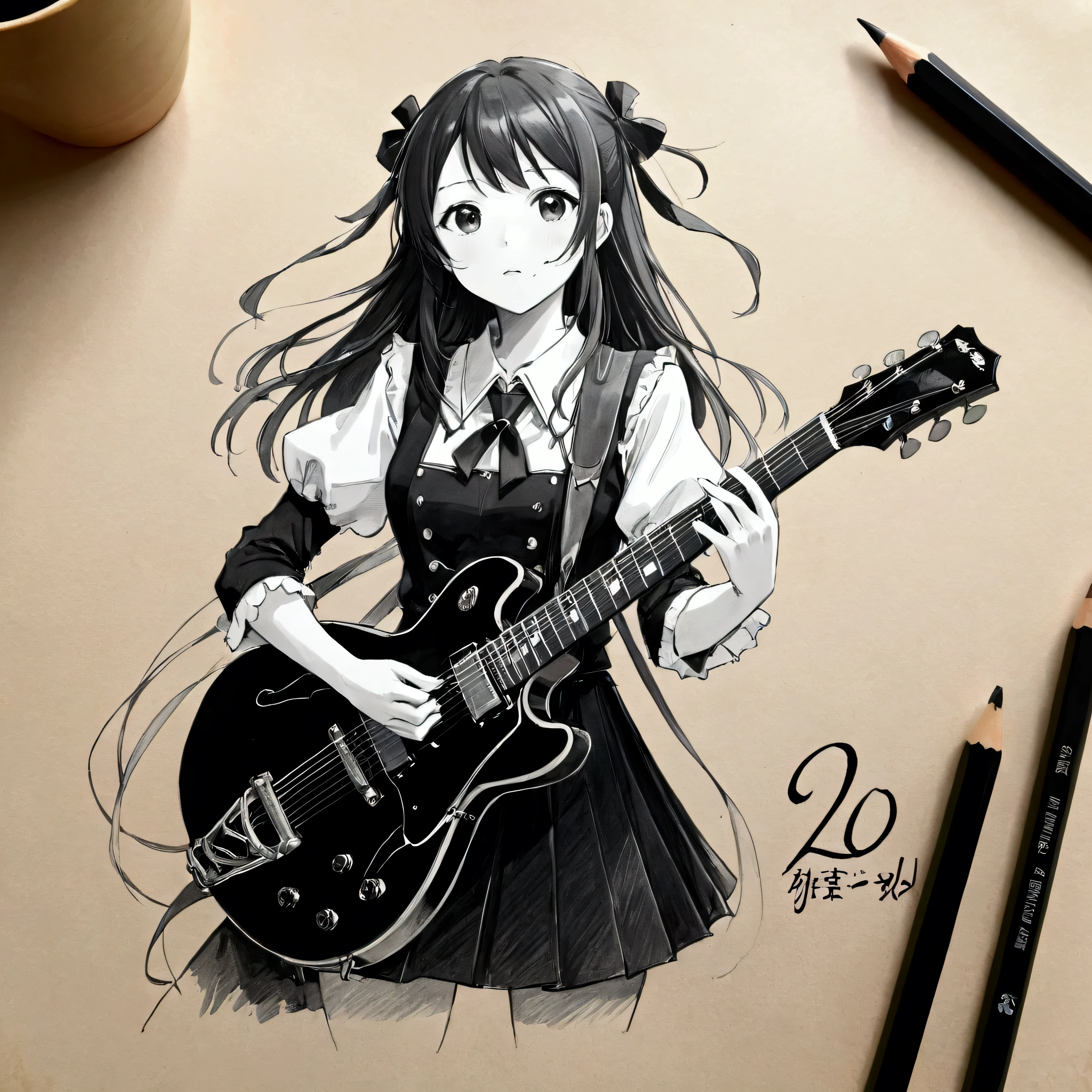 Drawing of a girl with a guitar and a pencil, Traditional drawing style, Detailed fan art, Beautiful drawing style, Monochrome artwork!!, Hand-drawn 2D art, Anime style painting, Realistic anime art style, Pencil and ink manga drawings, Complex Anime Girl K-ON Kyoani, Cute and detailed artwork, Anime-style illustrations, Anime Drawings, Drawn by a Japanese anime artist