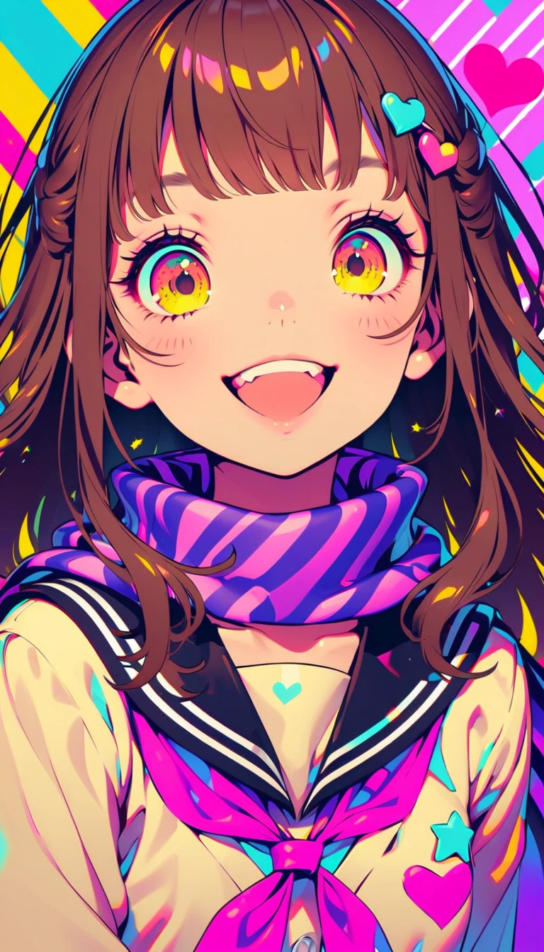 Style 11, 1 girl, alone, Brown Hair, heart, hair accessory, uniform, Side Mao Insult, smile, Looking at the audience, scarf, Upper Body, heart hair accessory, cardigan, Sailor collar, Clothes, black Sailor collar, bangs, Yellow Eyes, Shut your mouth., Long Hair, Brown eyes, purple scarf, Striped background, clavicle, Striped, Polka dot pattern, star (symbol)