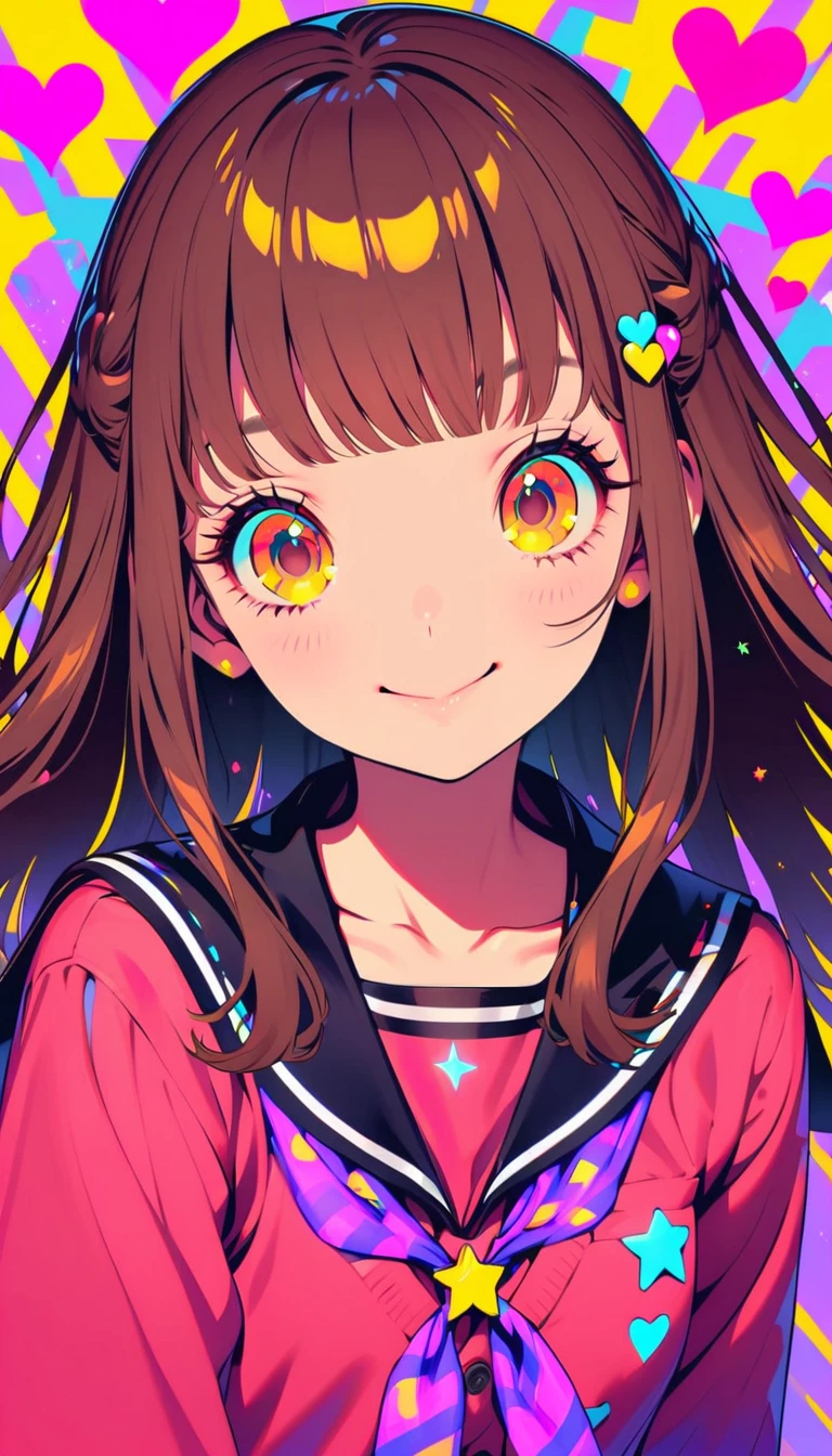 Style 11, 1 girl, alone, Brown Hair, heart, hair accessory, uniform, Side Mao Insult, smile, Looking at the audience, scarf, Upper Body, heart hair accessory, cardigan, Sailor collar, Clothes, black Sailor collar, bangs, Yellow Eyes, Shut your mouth., Long Hair, Brown eyes, purple scarf, Striped background, clavicle, Striped, Polka dot pattern, star (symbol)