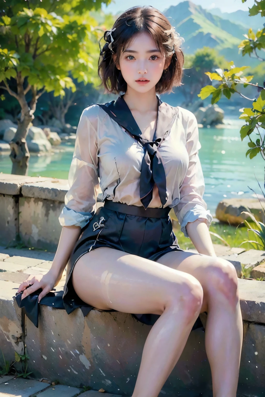 ((Highest quality, 8k, masterpiece :1.3)), 1 innocent girl:1.3, (short hair,Sailor suit,Beautiful breasts :1.2), Ultra mini skirt, Highly detailed face, Beautiful Eyes, double eyelid,whole body,Cute Face,(Sitting on stone steps),(Realistic Face),(Realistic Skin),Smart Body,Hips facing forward,half Japanese and half European,Sexy features
