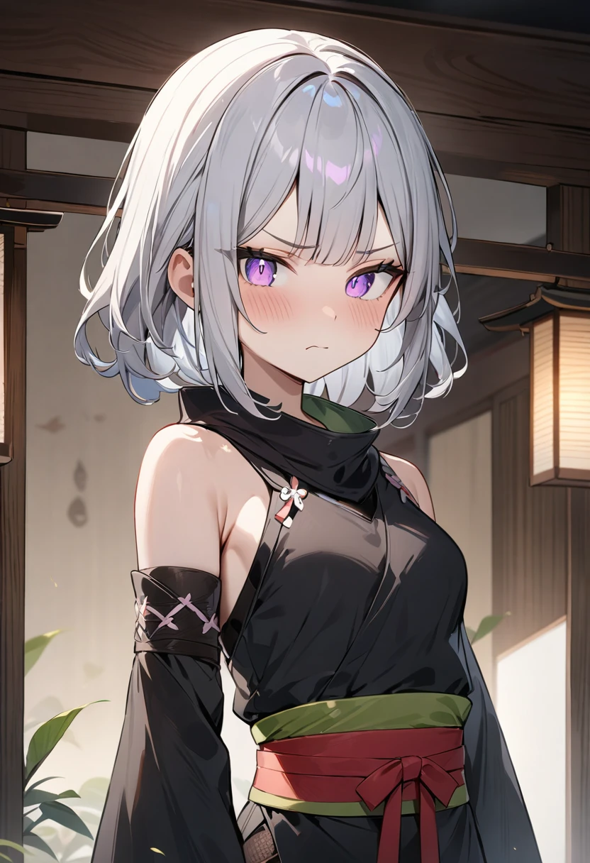 (masterpiece, top quality, very aesthetic, 4k、illustration), intricate detail, 1girl,Standing 、(upper body)、sulking face、(),Cute 、Random Hair Color、,middle hair,sidelock ,Random Color　eyes、ninja clothes、small breasts、Slim 、