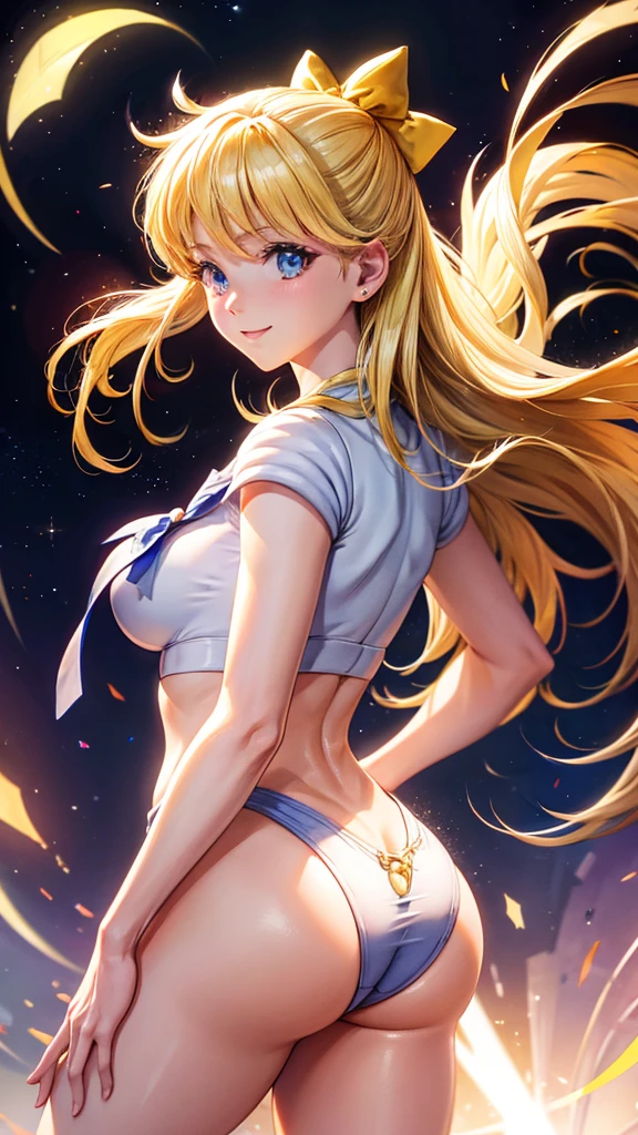 High resolution, ultra-sharp, 8k, masterpiece, sailor venus, looking at the viewer, Photography from behind, thick ass, wearing blue thong, seductive smile, beautiful face, ashamed,