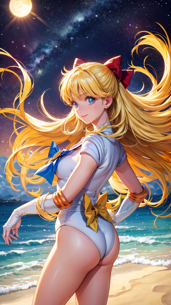 High resolution, ultra-sharp, 8k, masterpiece, sailor venus, looking at the viewer, Photography from behind, thick ass, wearing blue thong, seductive smile, beautiful face, ashamed,
