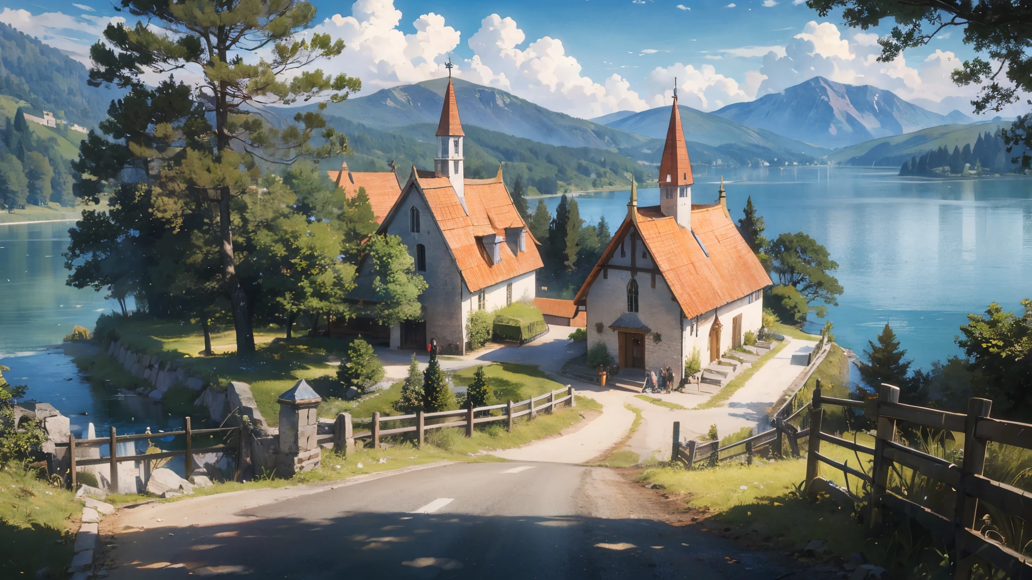 A horse-drawn carriage runs along a forest road leading to a small village by the lake. I pass by people who are going there or travelers. A small church can be seen in the distance. A world of medieval fantasy.