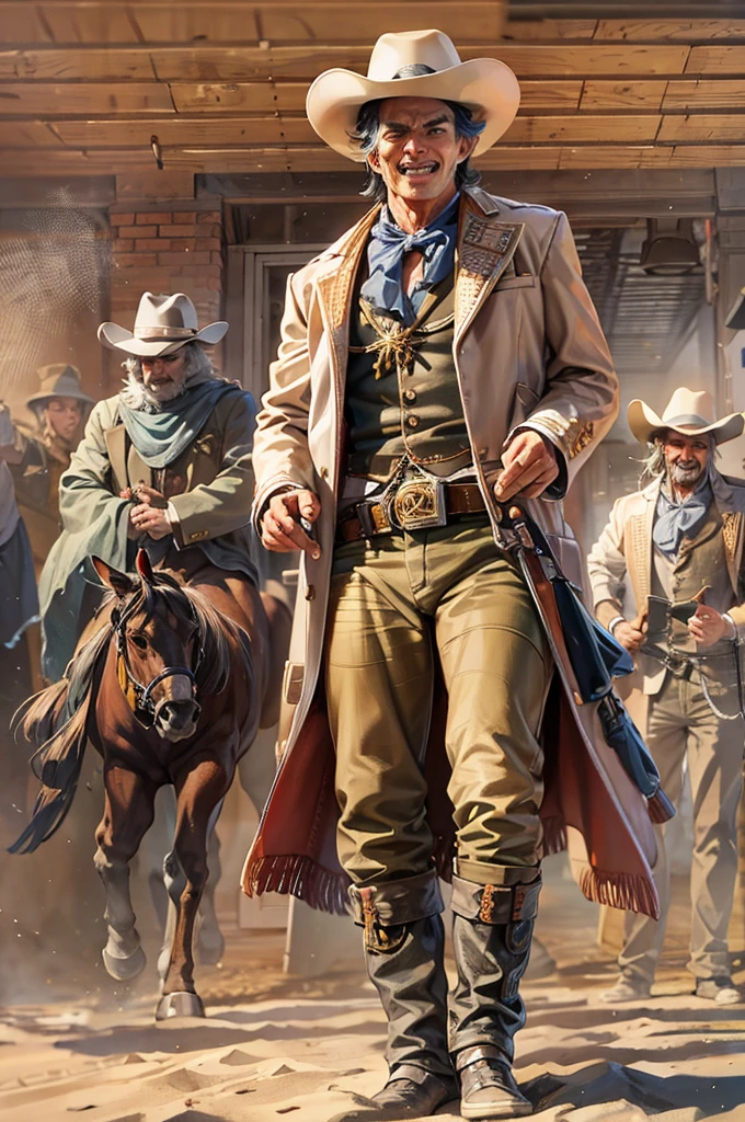 western drama、cowboy、Gunman、((silver、pistol)) 、 (((shooting))) 、Bared teeth、Laughter、Sand Dust