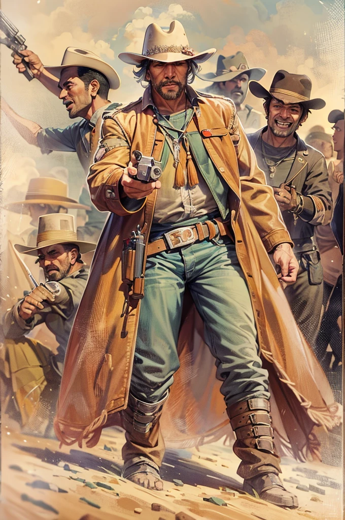 western drama、cowboy、Gunman、((silver、pistol)) 、 (((shooting))) 、Bared teeth、Laughter、Sand Dust