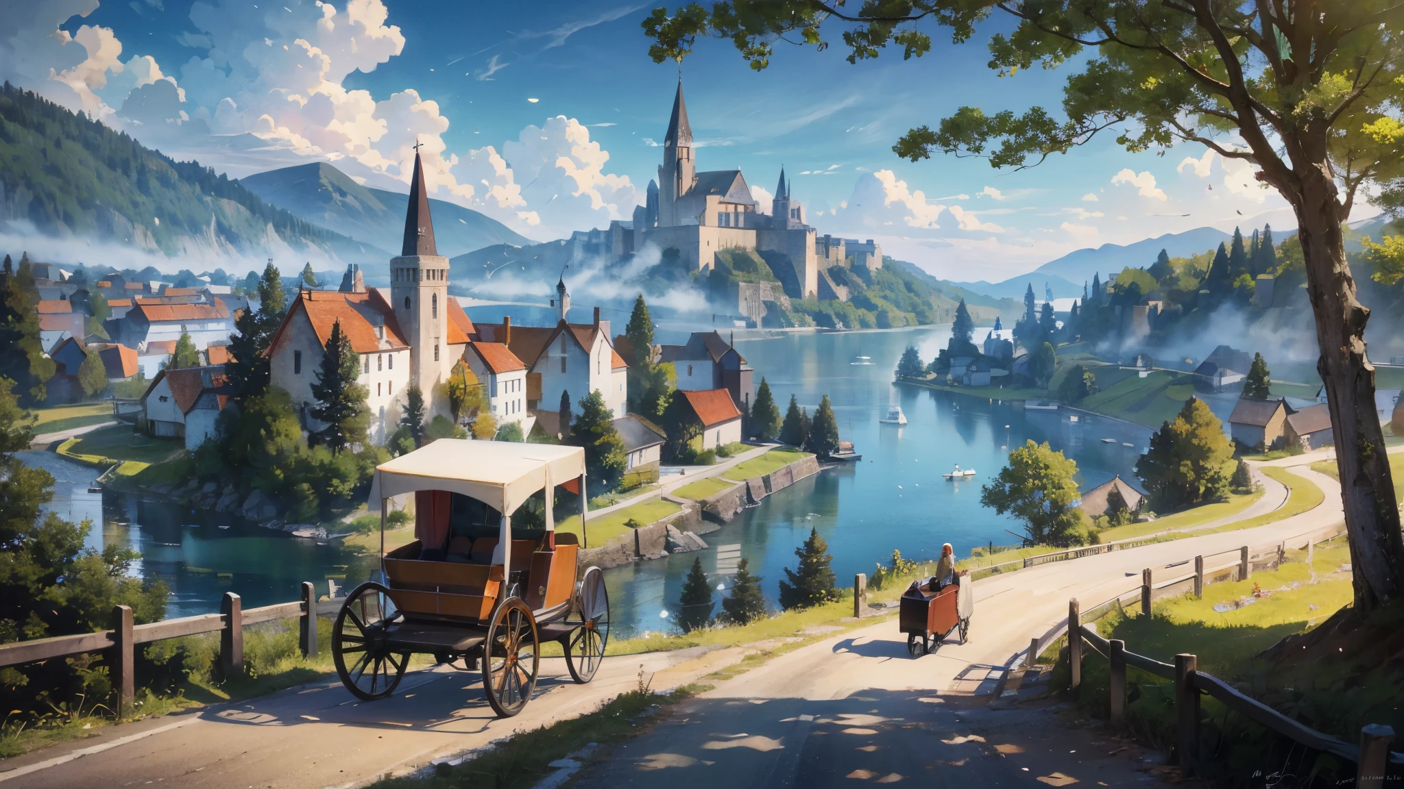 A horse-drawn carriage runs along a forest road leading to a small village by the lake. I pass by people who are going there or travelers. A small church can be seen in the distance. A world of medieval fantasy.