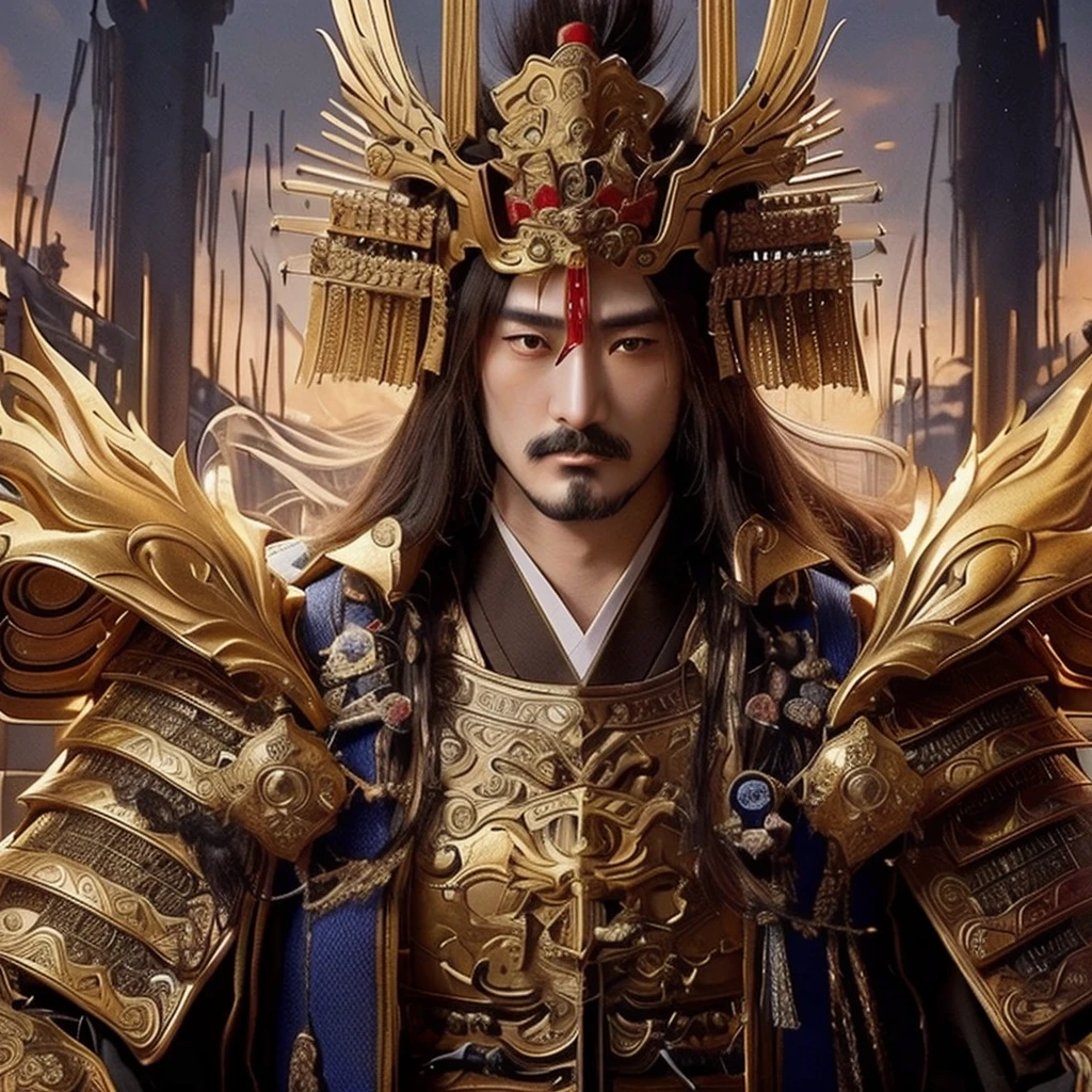 Close-up of a man wearing gold armor and holding a sword, Guan Yu, Inspired by Woo Bin, the god Emperor of mankind, royal Emperor, Inspired by the Yellow God, god Emperor, Inspired by Wu Daozi, Inspired by Emperor Xuande, portrait of Emperor of mankind, Emperor, China's Three Kingdoms, Inspired by Lee Kang, Zhao Yun