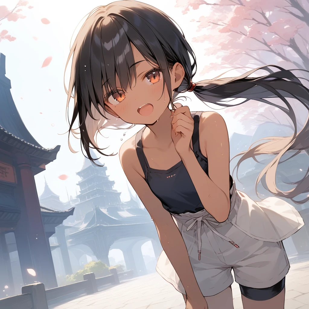 score_9, score_8_up, score_7_up, source_anime, best quality, masterpiece, official art, absurdres, highres, ultra-detailed,waifu2x,Collection: Slice of Life,break,1girl, tomboy, dark-skinned female, short hair, low ponytail, flat chest, beautiful detailed eyes, ninja, shorts, sweat, open mouth, (yawn:0.3), sleepily, outdoors, japanese castle, wind,break,(clear line illustration:1.2), super detailed skin,very high resolution, very aesthetic, Best sexual lighting powered by famous artist, 8k,cute picture,beauty illustration,photoshop_(medium),,(Detailed Lighting),best anime 8k konachan wallpaper, pixiv contest winner,