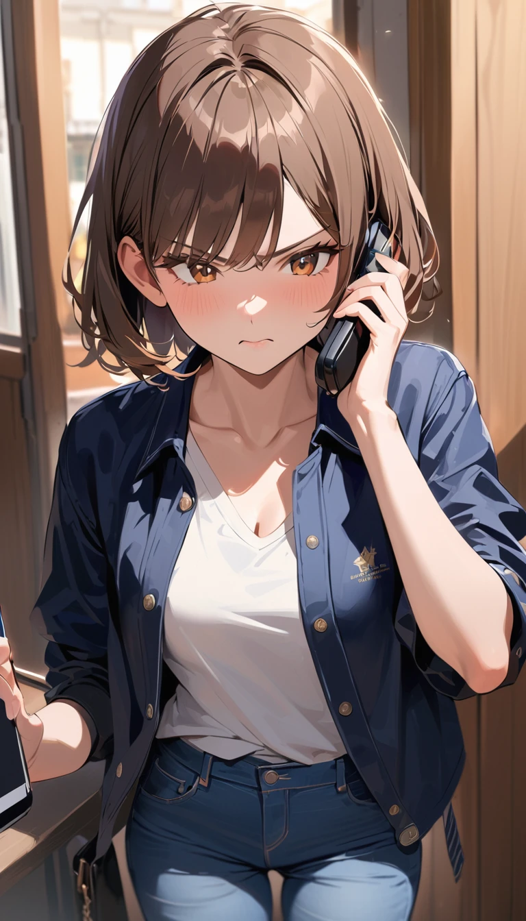super detail, best quality, a woman ,angry, ((Skinny)), Brown hair short bob,Stylish clothing, talking on a mobile phone, girl making a phone call, (((She has a smartphone)))