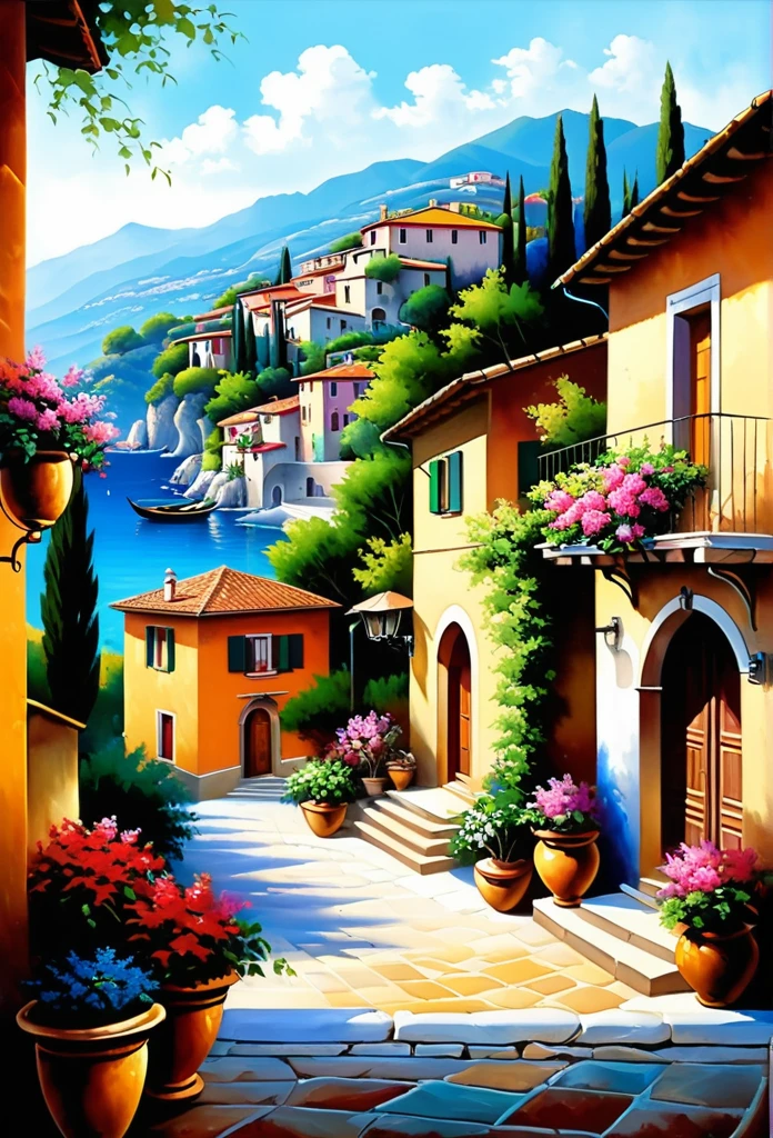 Beautiful village oil painting, Villa Bella, Italy, bySung Kim