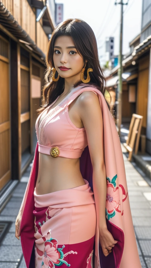 Moisturized Skin、(Pink and bright eyes),(Condescending to people)、Perfect body、
BREAK,
(Beautiful navel),(Side slits),(Epaulettes), Cape, Crop top,Cape,
BREAK,
(Super long hair),(Large gold curved earrings:1.2),
BREAK,
(((masterpiece+Highest quality+High resolution+Very detailed))), (whole body:1.2),Symmetrical,One Cut,
BREAK,
(In the streets of Japan:1.3),
BREAK、
(ONE PIECE)、(Kasumi Arimura:1.4),(Boa Hancock:1.3),((Big snake)),