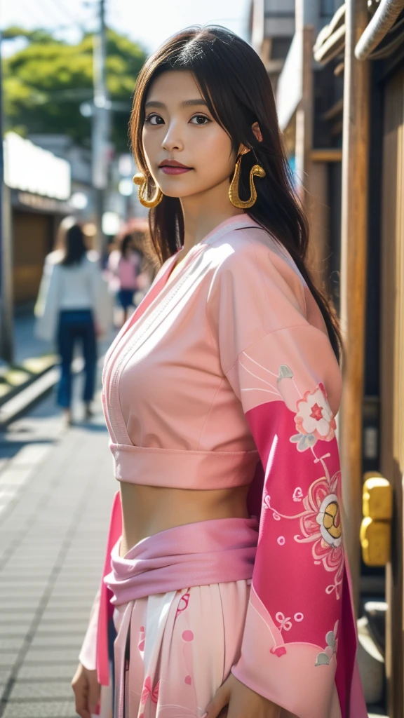 Moisturized Skin、(Pink and bright eyes),(Condescending to people)、Perfect body、
BREAK,
(Beautiful navel),(Side slits),(Epaulettes), Cape, Crop top,Cape,
BREAK,
(Super long hair),(Large gold curved earrings:1.2),
BREAK,
(((masterpiece+Highest quality+High resolution+Very detailed))), (whole body:1.2),Symmetrical,One Cut,
BREAK,
(In the streets of Japan:1.3),
BREAK、
(ONE PIECE)、(Kasumi Arimura:1.4),(Boa Hancock:1.3),((Big snake)),